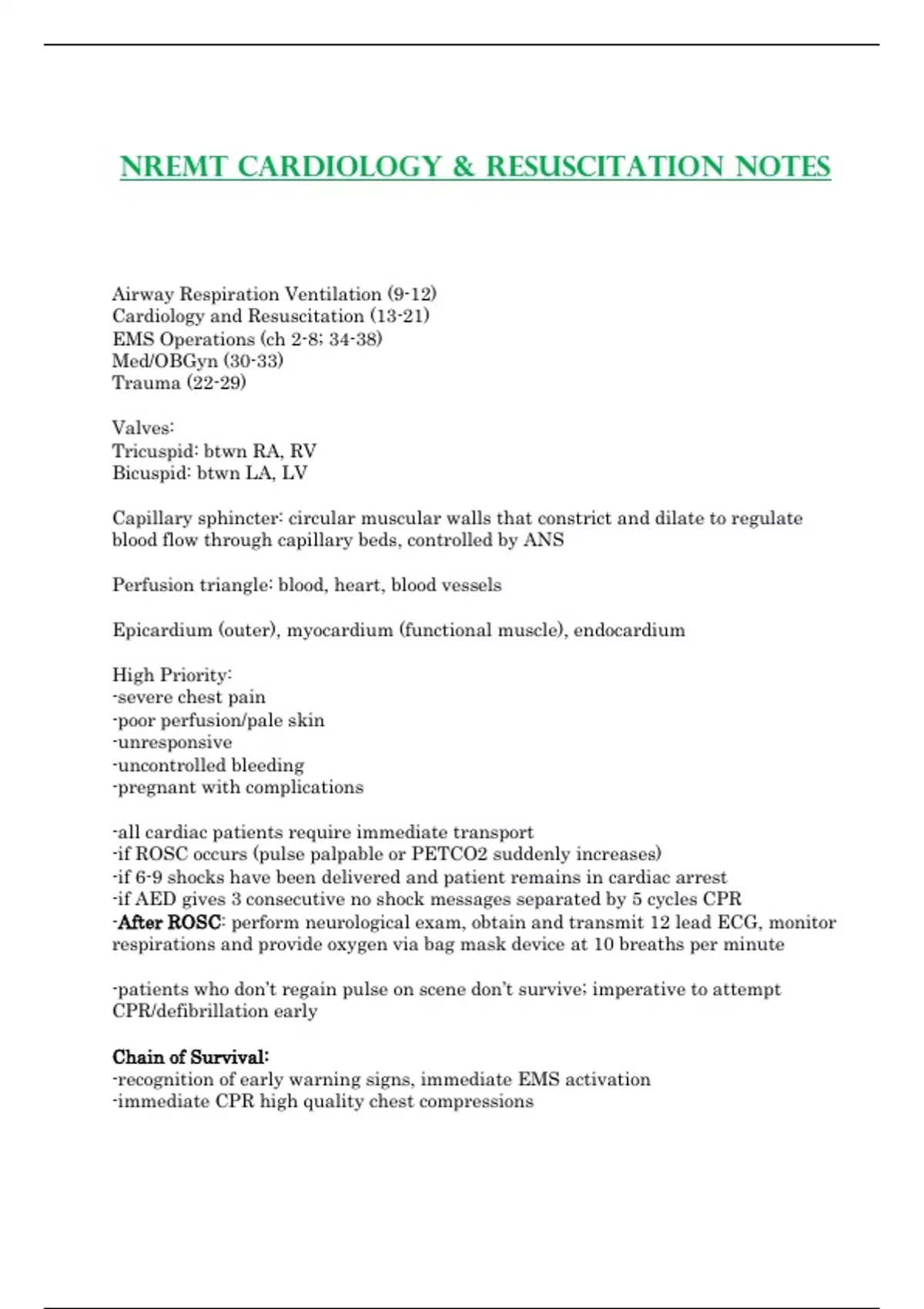 Summary NREMT Cardiology & Resuscitation Study Guide Notes ( Latest