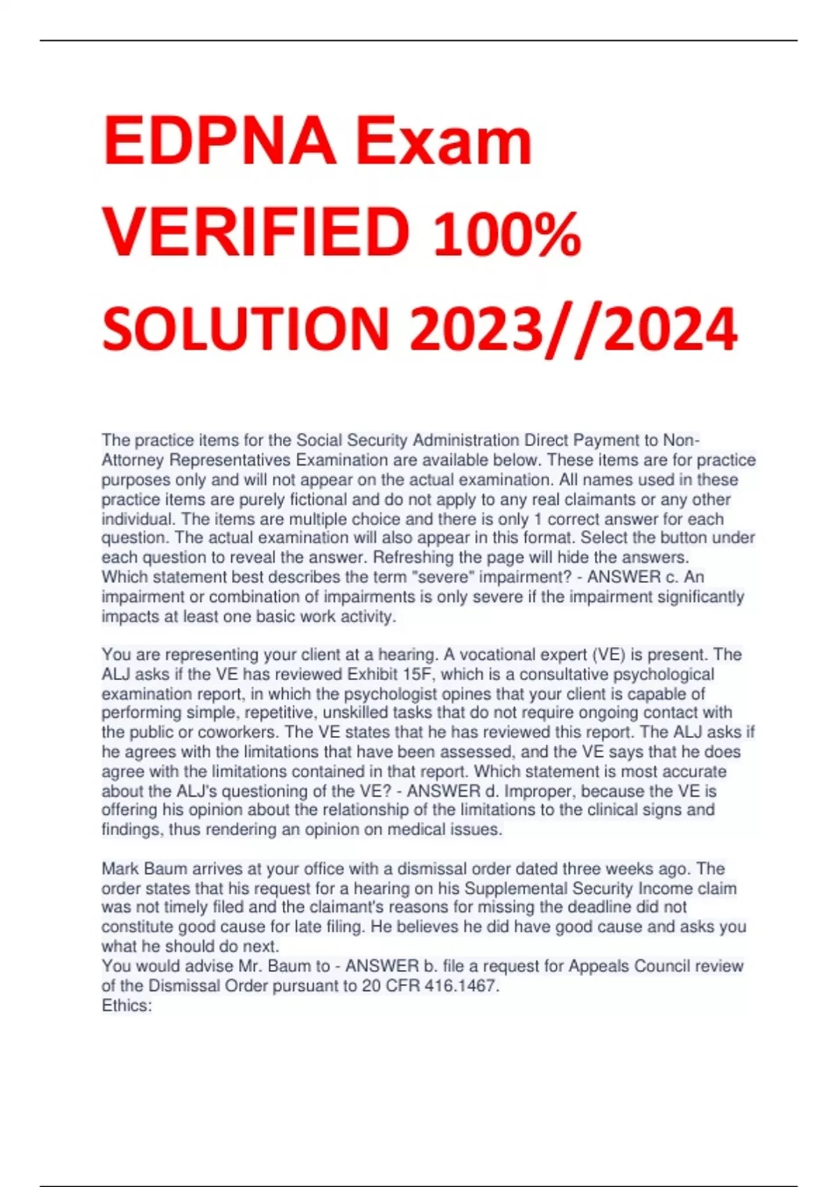 EDPNA Exam VERIFIED 100% SOLUTION 2023//2024 - EDPNA - Stuvia US
