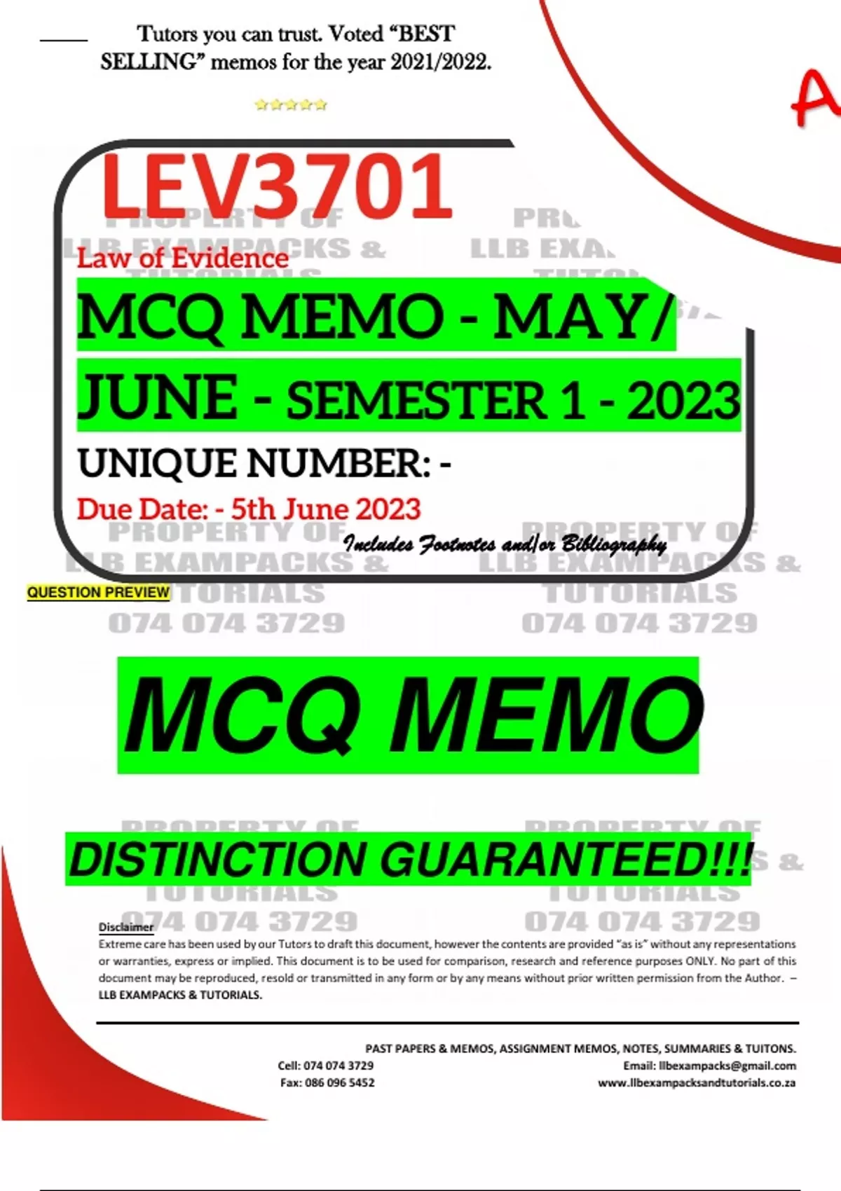 LEV3701 MCQ MEMO - MAY/JUNE 2023 - SEMESTER 1 - UNISA - (DISTINCTION ...