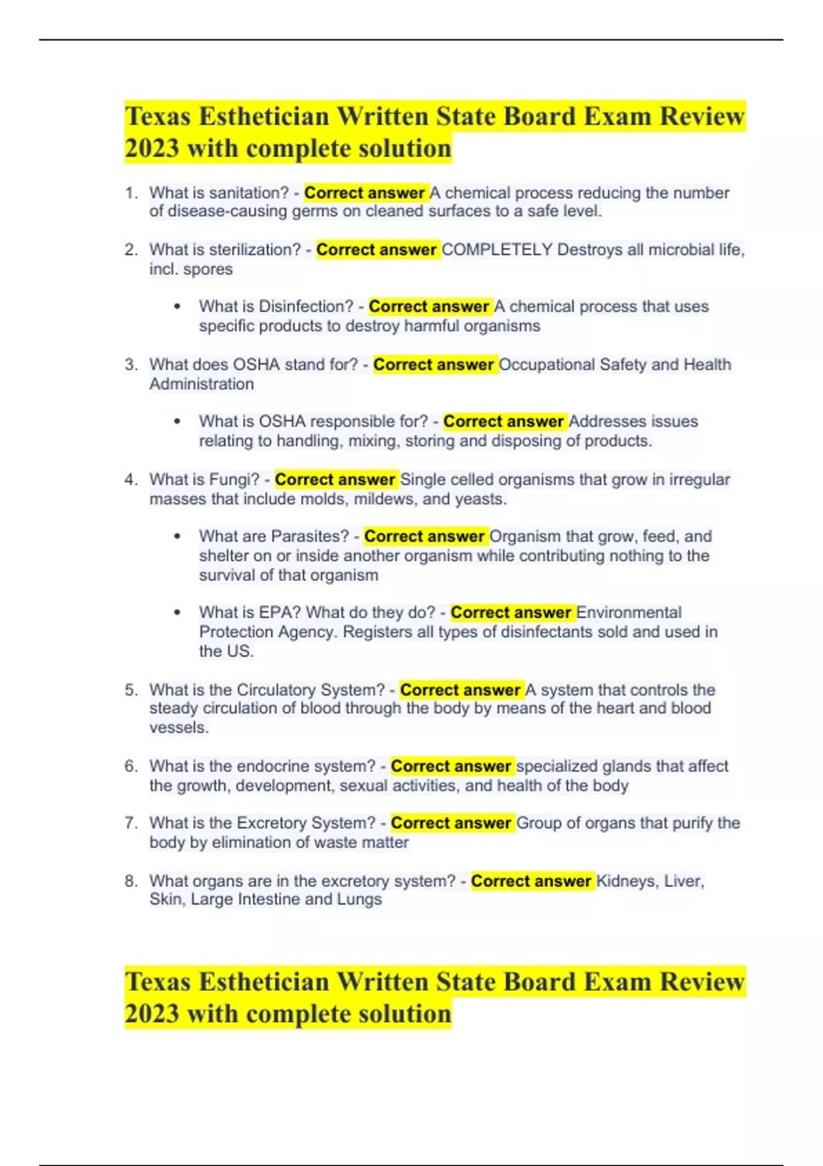 Texas Esthetician Written State Board Exam Review 2023 with complete