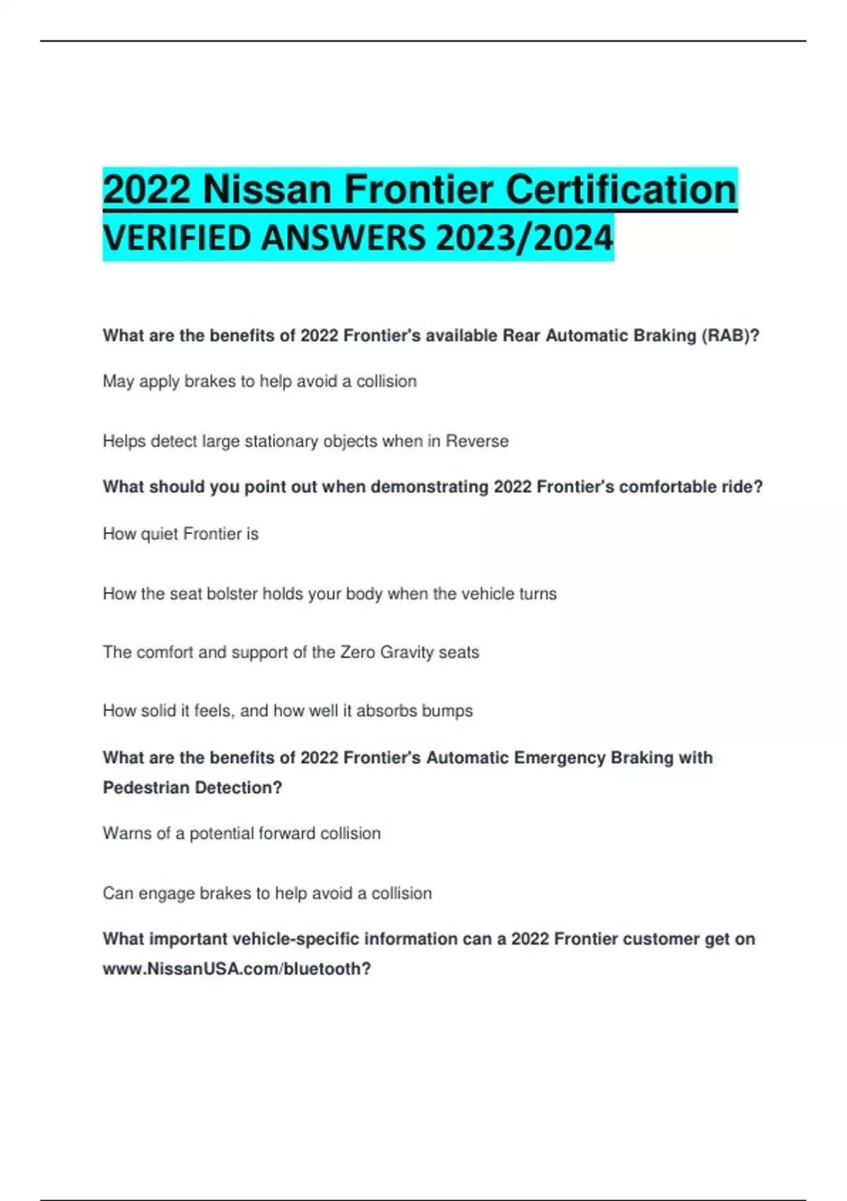 2022 Nissan Frontier Certification VERIFIED ANSWERS 2023/2024 NISSAN