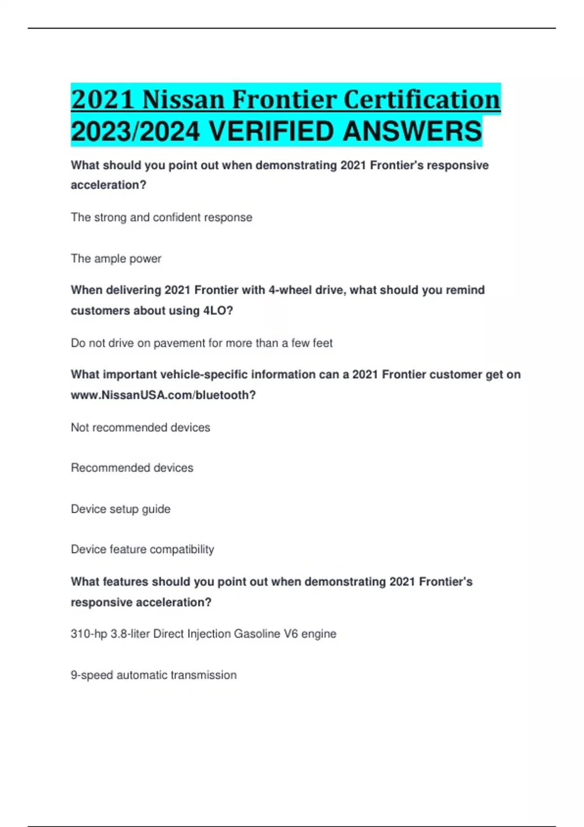 2021 Nissan Frontier Certification 2023/2024 VERIFIED ANSWERS NISSAN