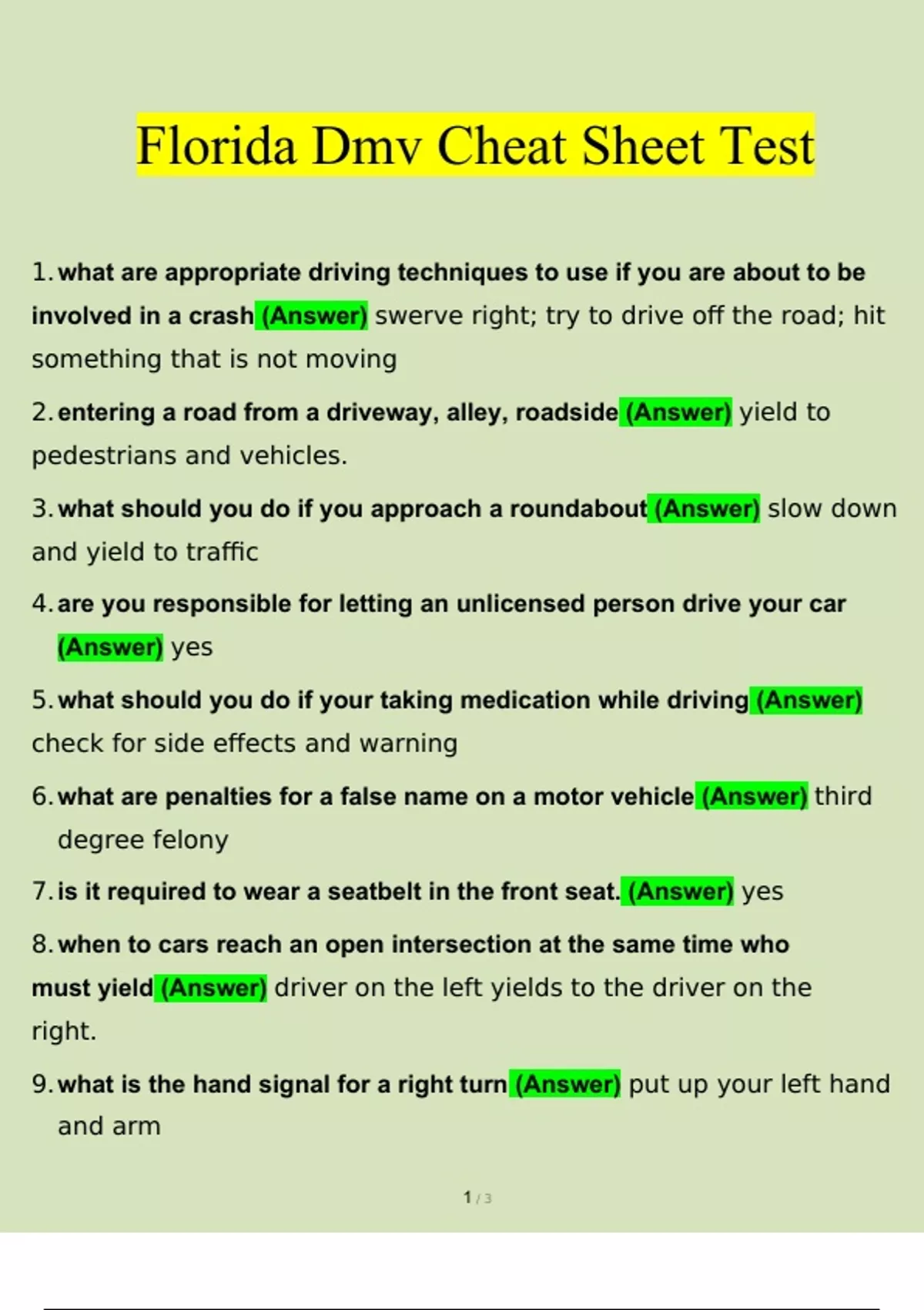 Florida DMV Cheat Sheet Test 2023 Questions and Answers (Verified