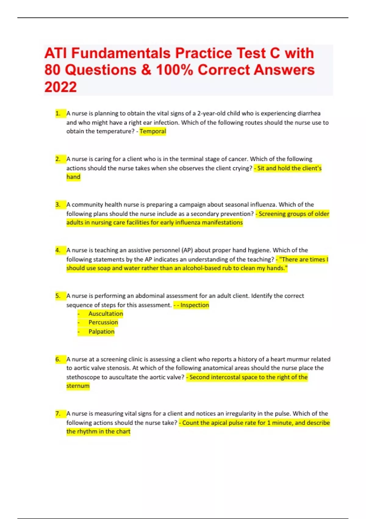 ATI Fundamentals Practice Test C with 80 Questions & 100% Correct ...