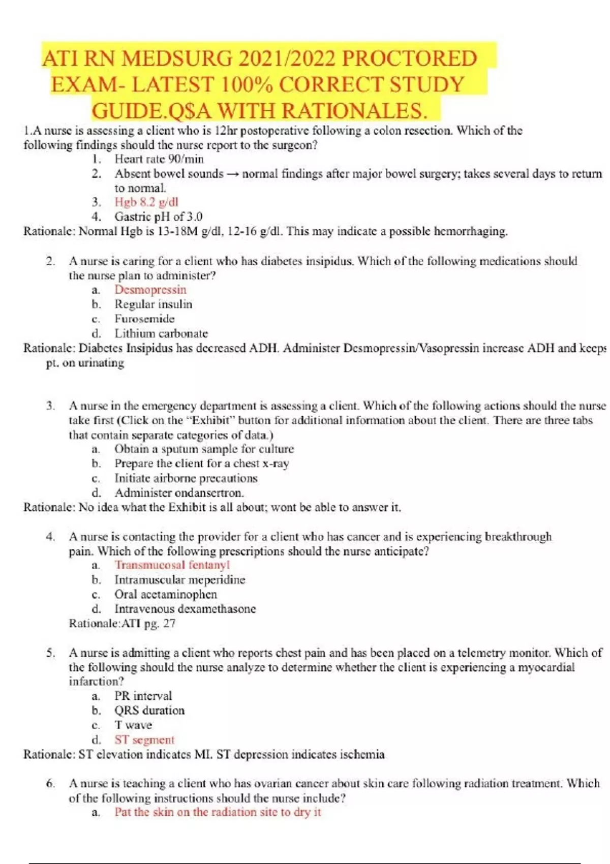 ATI RN MEDSURG 2021/2022 PROCTORED EXAM- LATEST 100% CORRECT STUDY ...