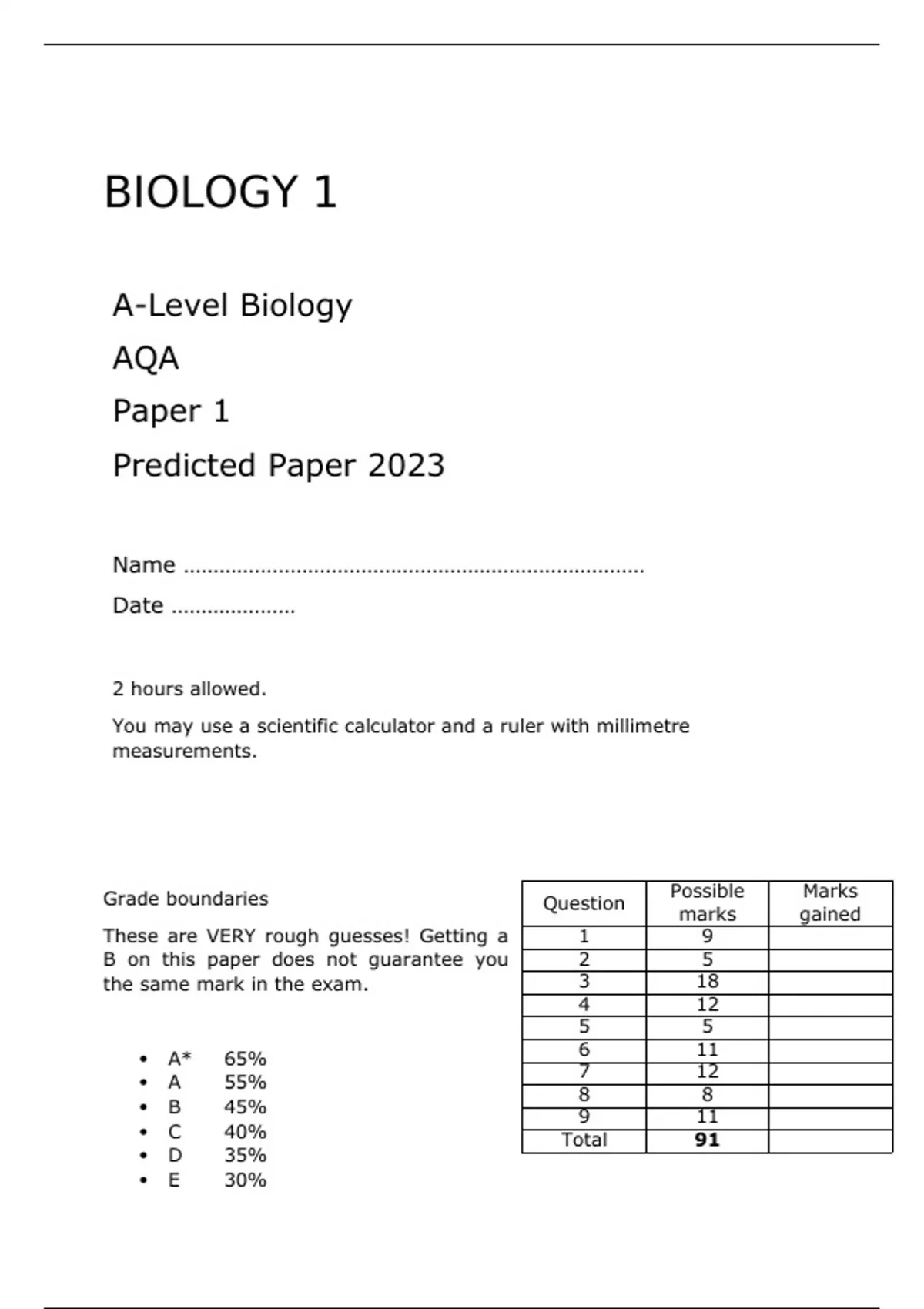 AQA A-Level Biology Paper 1 FINAL QUESTION PAPER AND MARK SCHEME ...