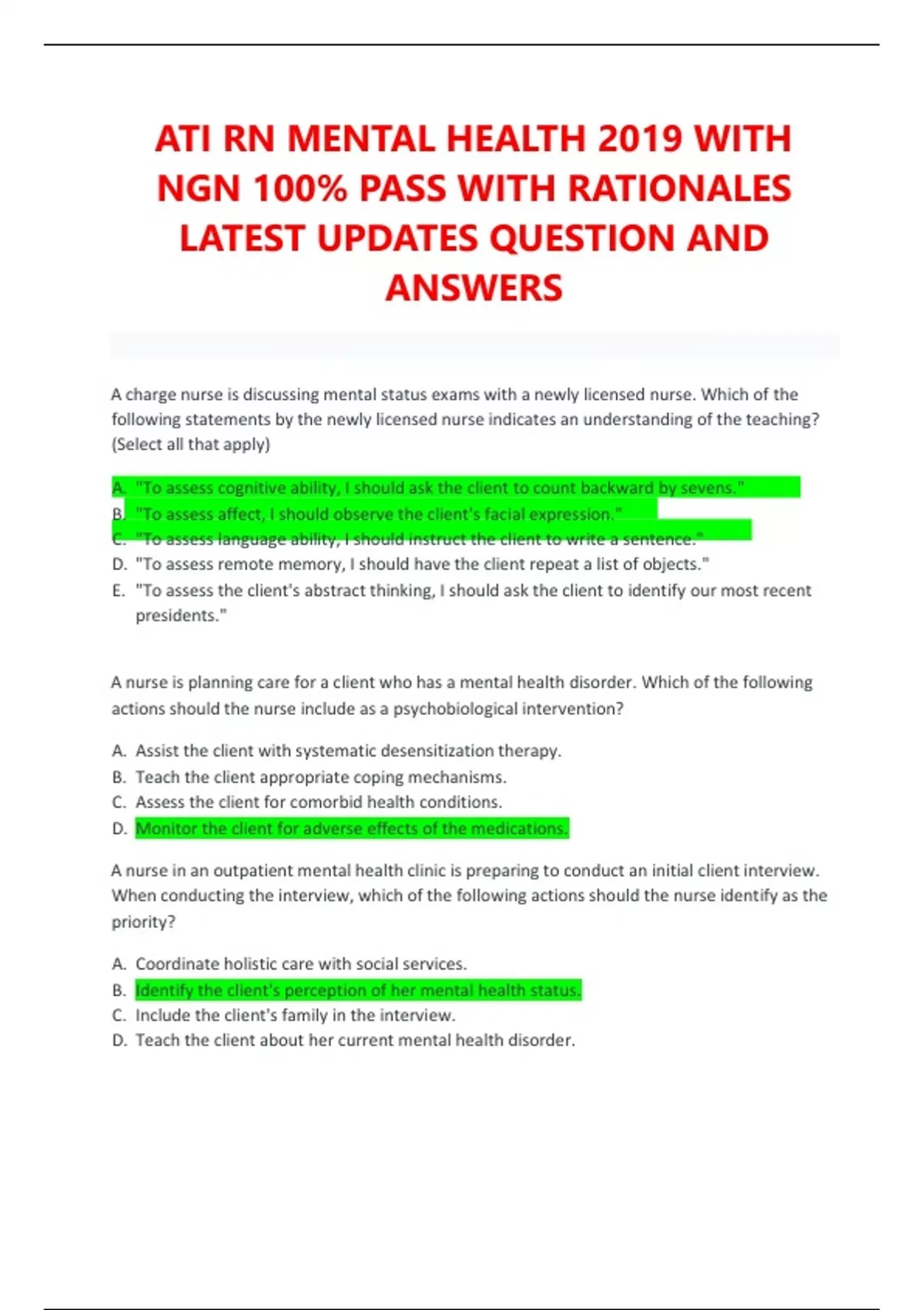 ATI RN MENTAL HEALTH 2019 WITH NGN 100% PASS WITH RATIONALES LATEST ...