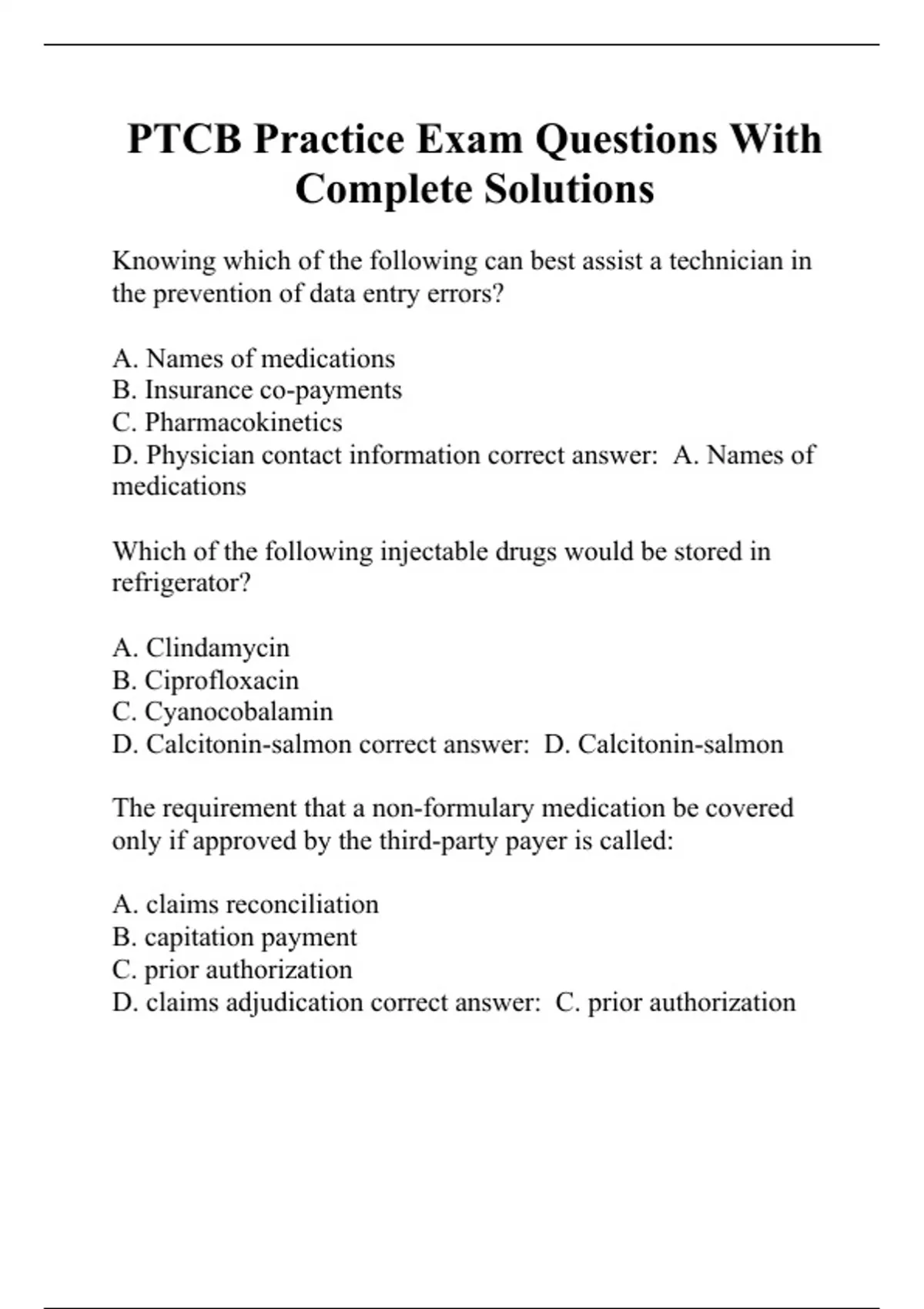 PTCB Practice Exam Questions With Complete Solutions PTCB Stuvia US