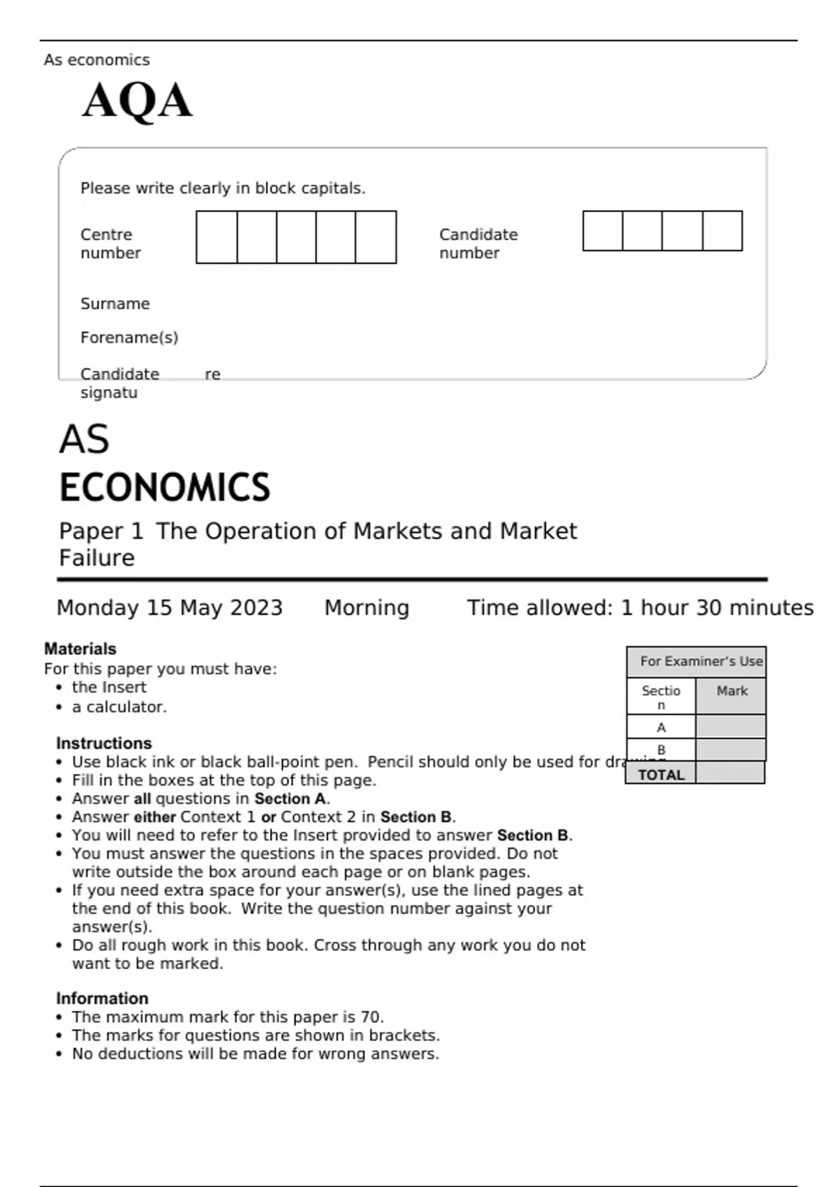 AQA AS ECONOMICS Paper 1 And 2 MAY 2023 QUESTION PAPERS And MARK 