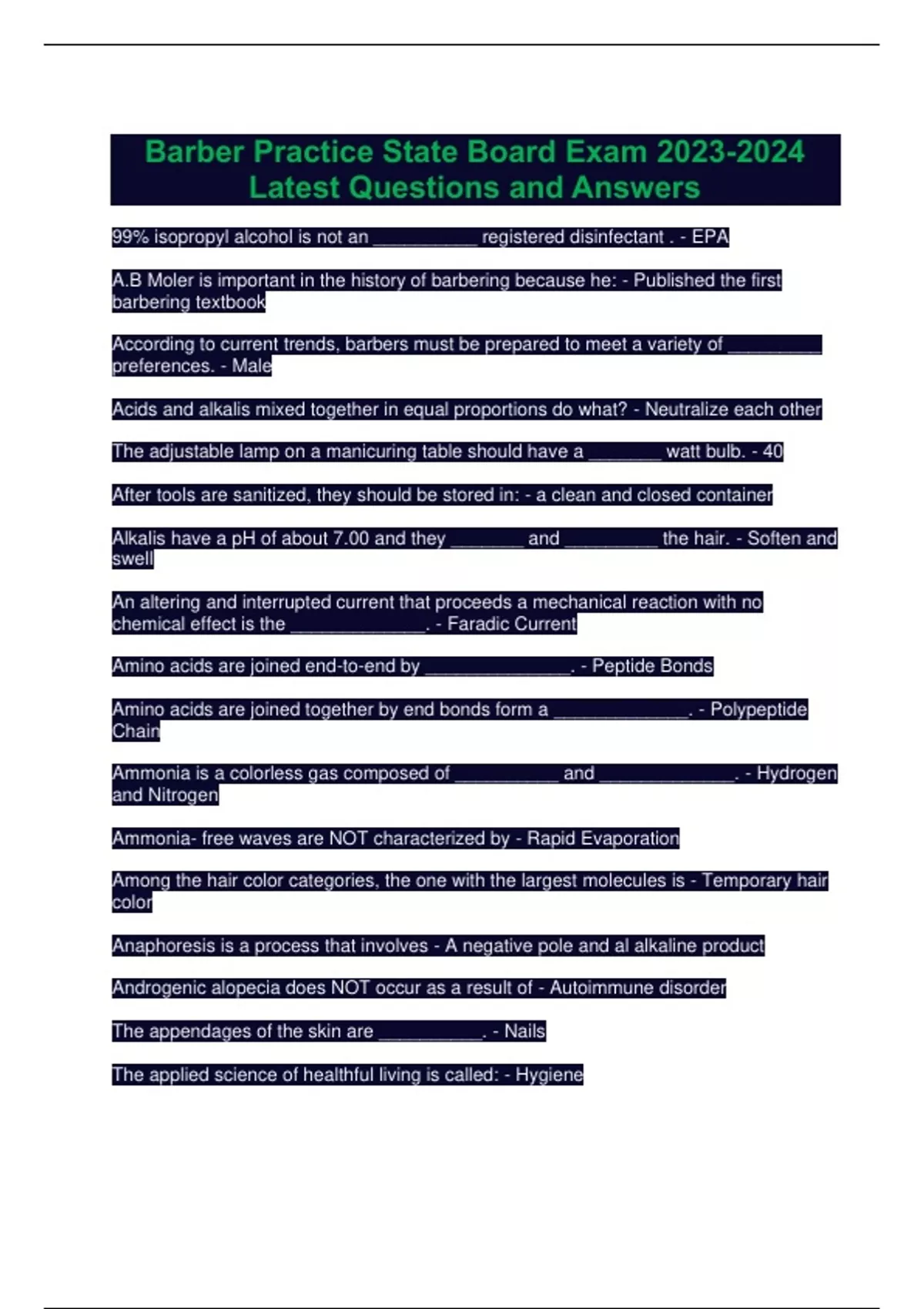 Barber Practice State Board Exam 20232024 Latest Questions and Answers