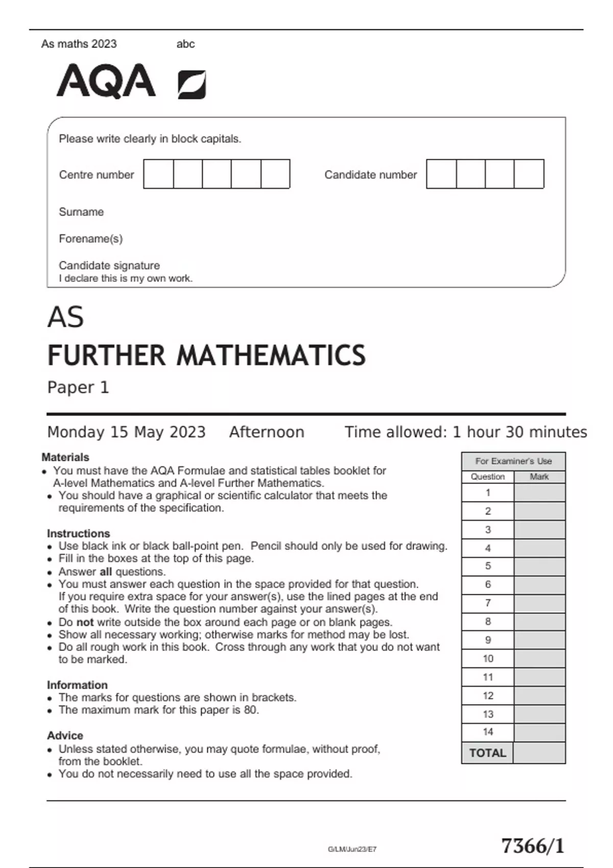 AQA AS FURTHER MATHEMATICS Paper 1 MAY 2023 official question paper ...