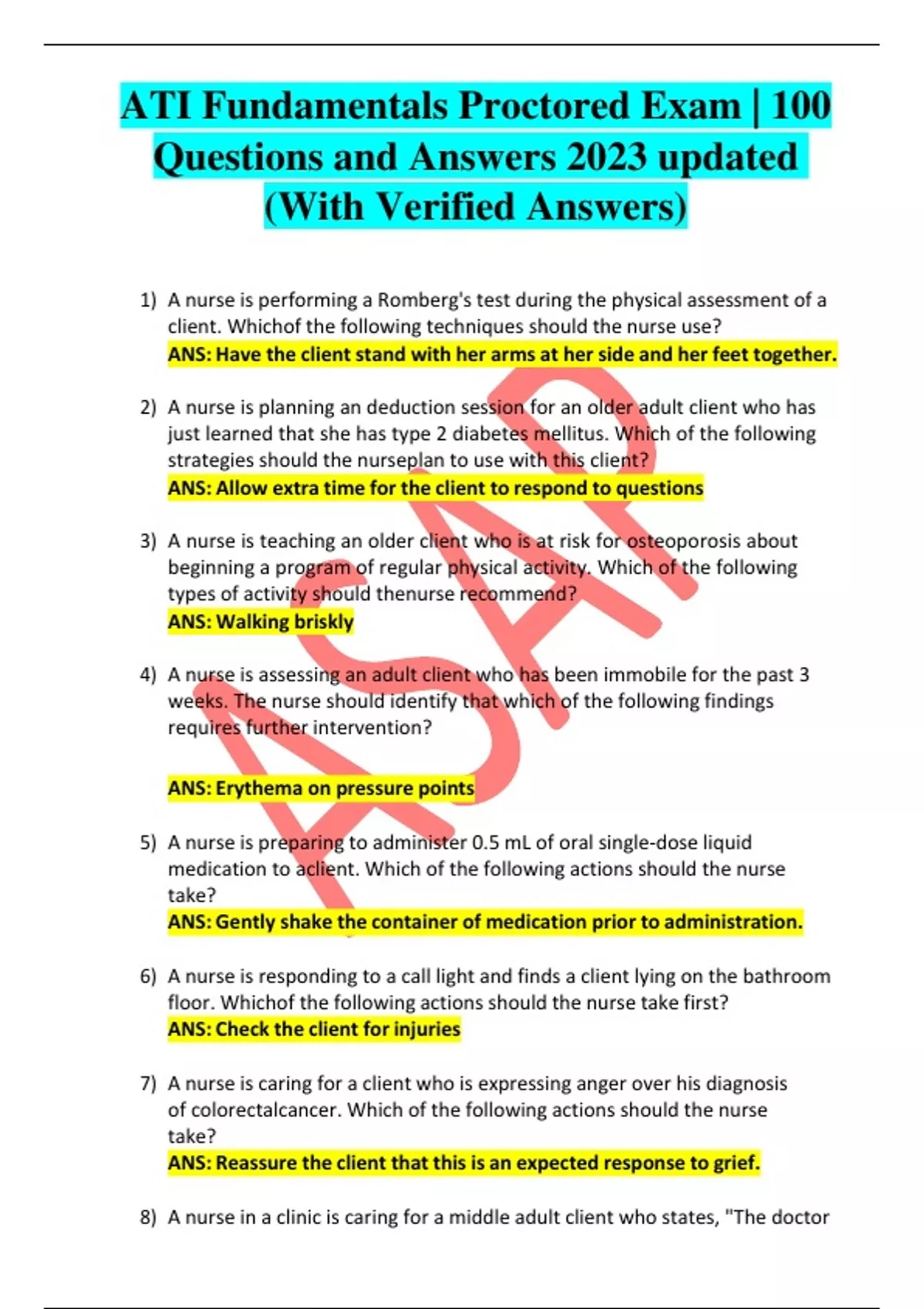 ATI Fundamentals Proctored Exam | 100 Questions And Answers 2023 ...