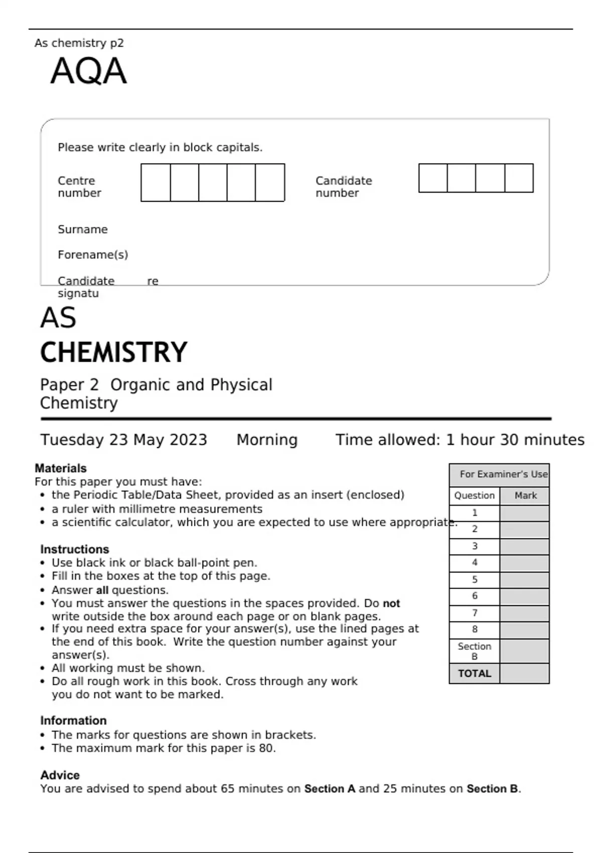 AQA AS CHEMISTRY Paper 2 MAY 2023 QUESTION PAPER Organic and Physical