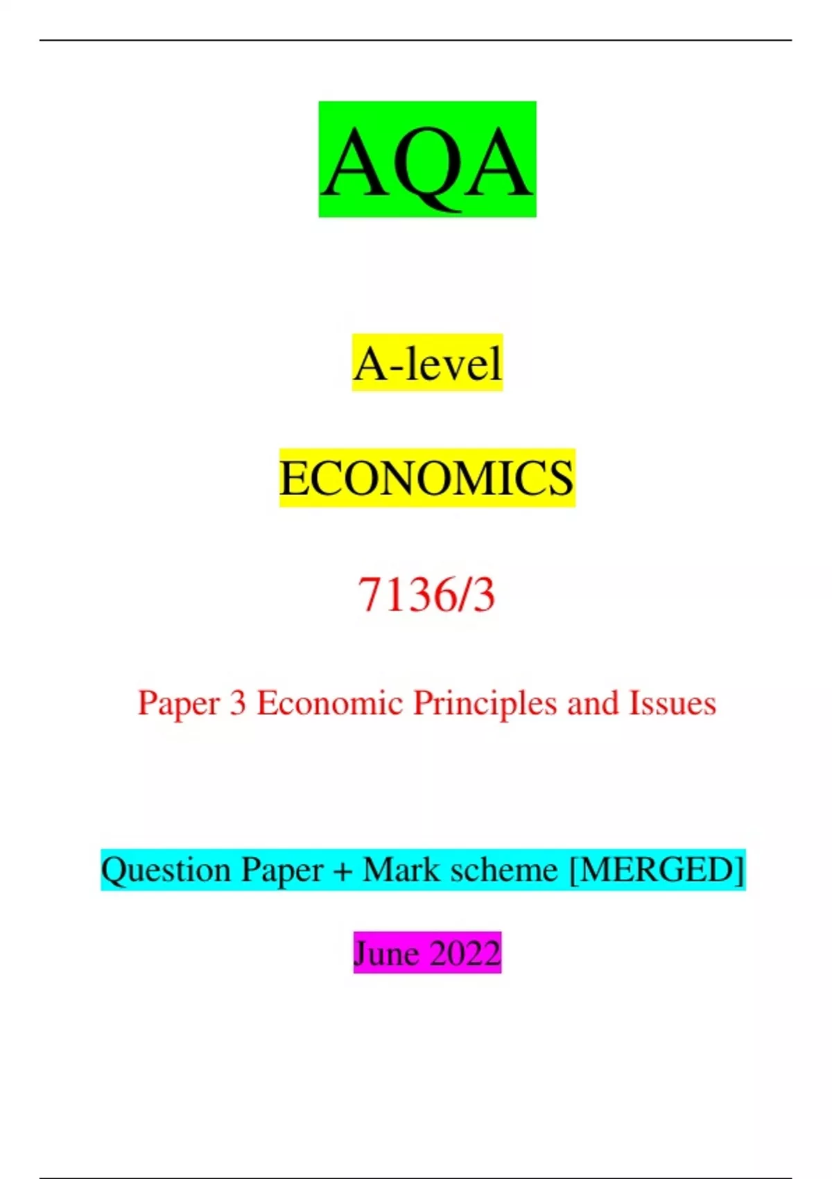 June 2022 AQA A-level ECONOMICS 7136/3 Paper 3 Economic Principles And ...