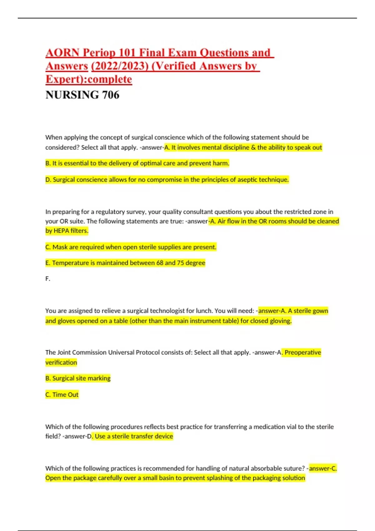 AORN Periop 101 Final Exam Questions And Answers (2022/2023) (Verified ...