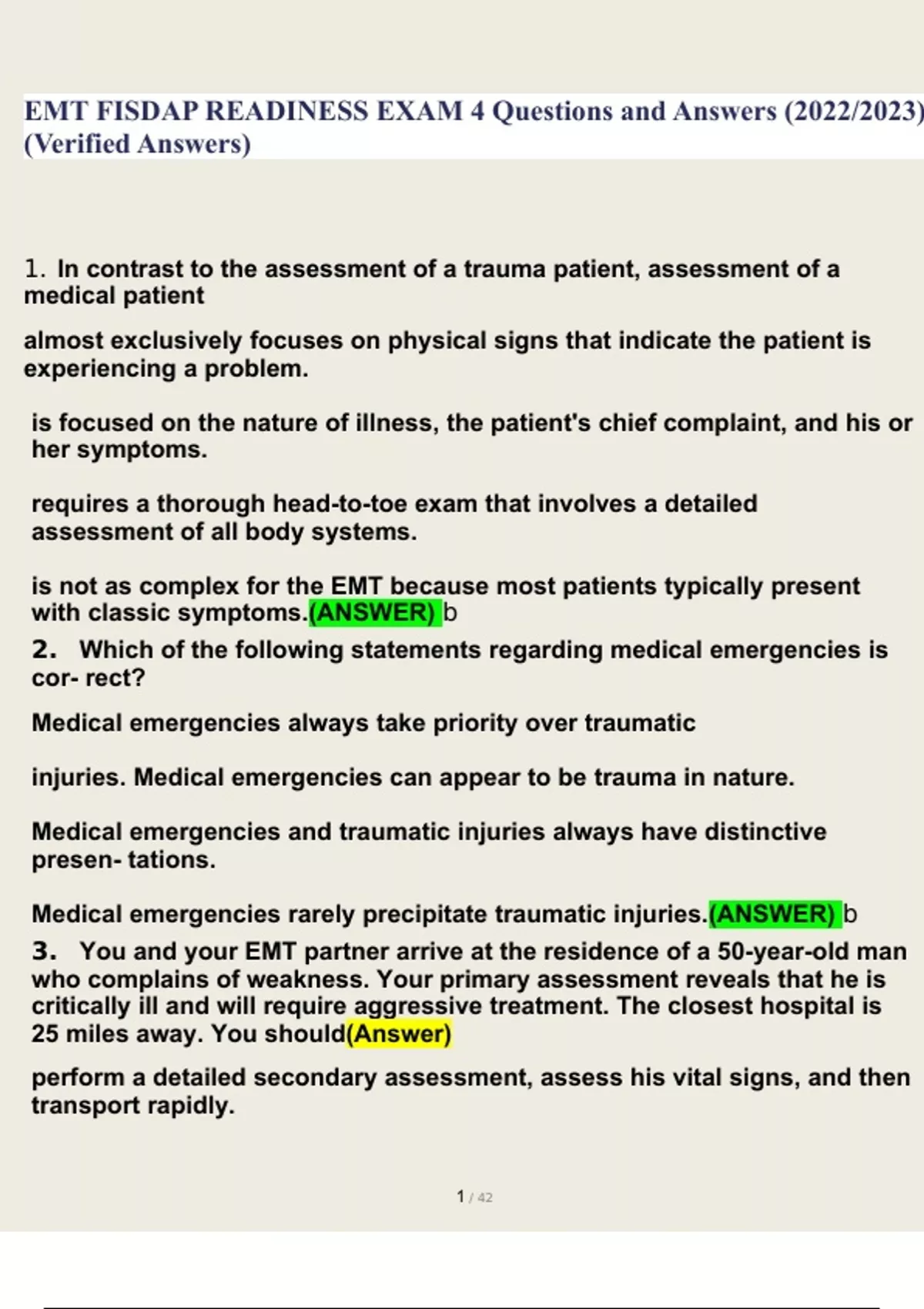 EMT FISDAP READINESS EXAM 4 Questions And Answers (2022/2023) (Verified ...