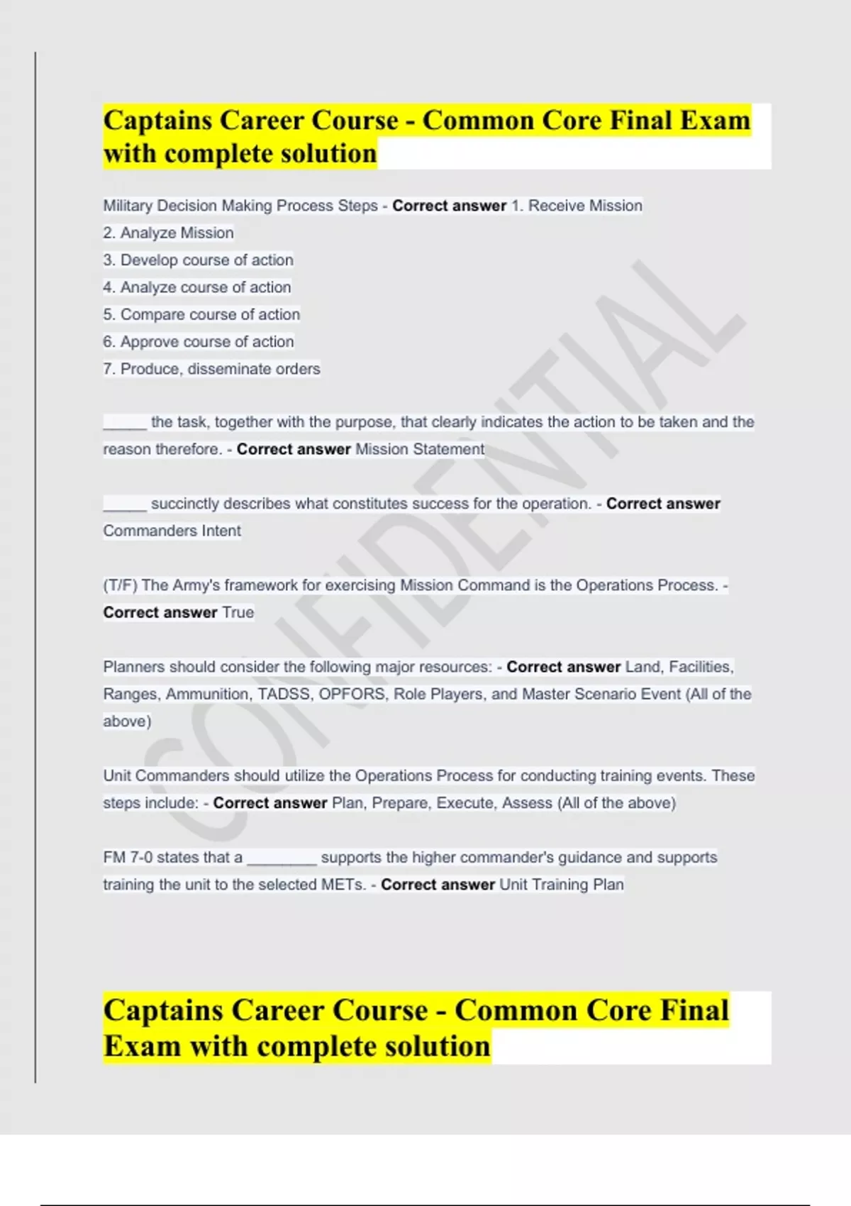 Captains Career Course Common Core Final Exam with complete solution