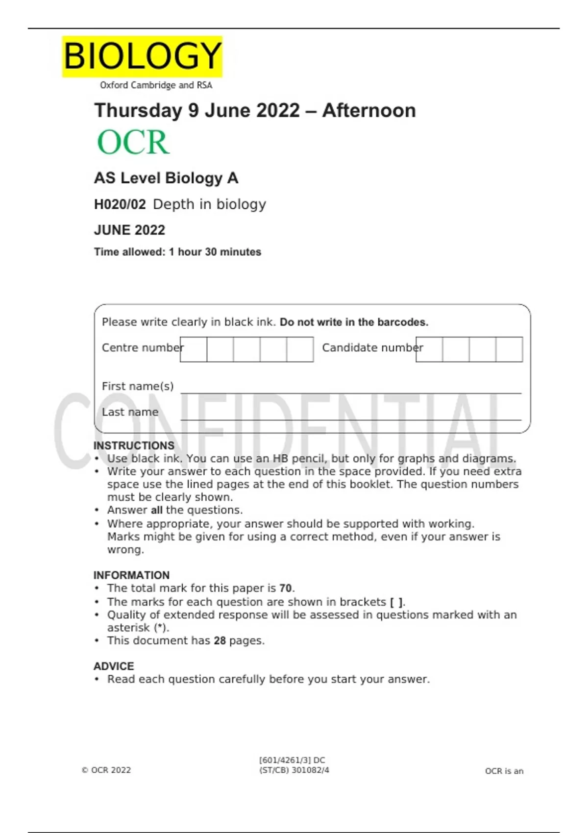 OCR AS Level Biology A H020/02 JUNE 2022 FINAL QUESTION PAPER Depth In ...