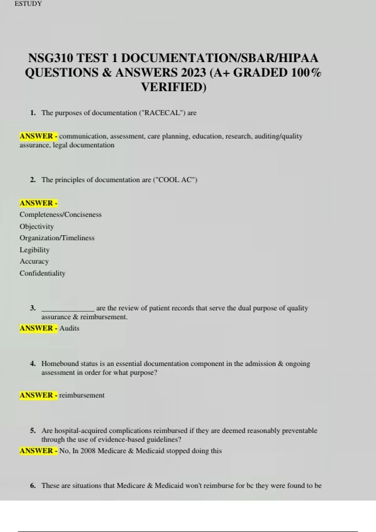 NSG310 TEST 1 DOCUMENTATION/SBAR/HIPAA QUESTIONS & ANSWERS 2023 (A+