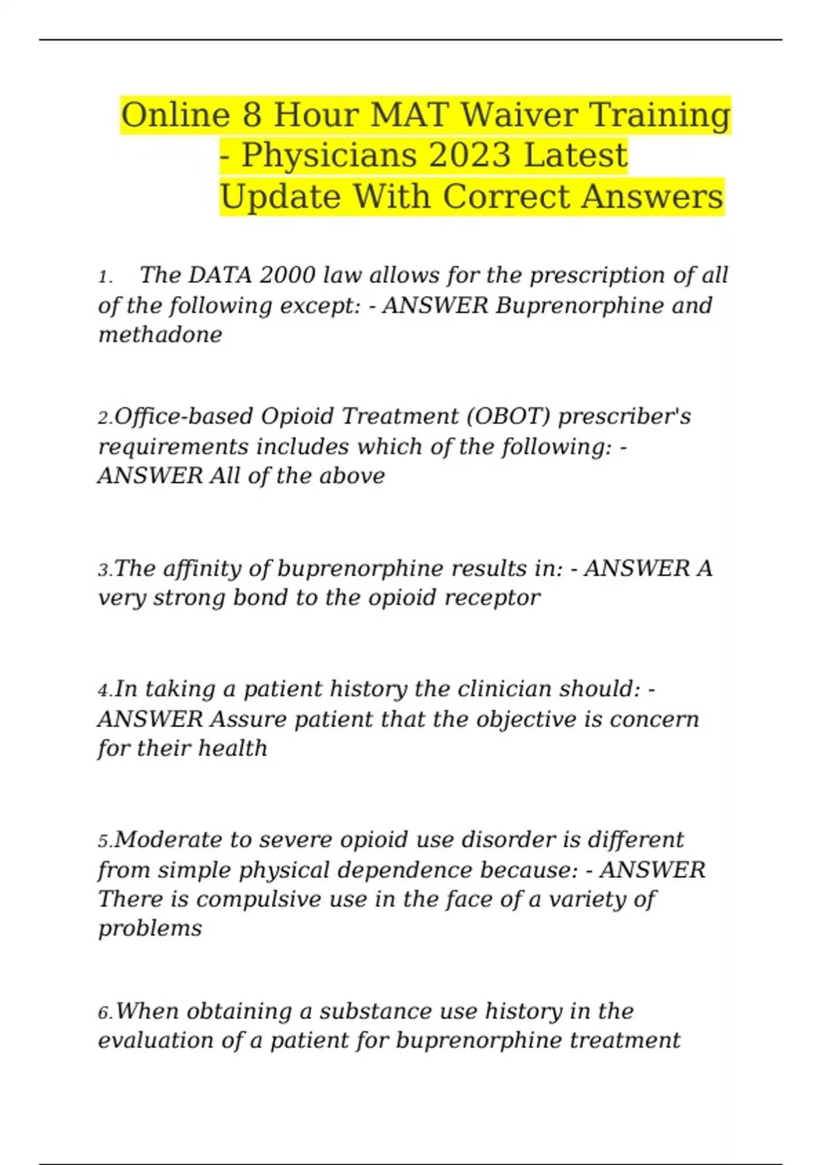 ONLINE 8 HOUR MAT WAIVER TRAINING PHYSICIANS QUESTIONS WITH CORRECT