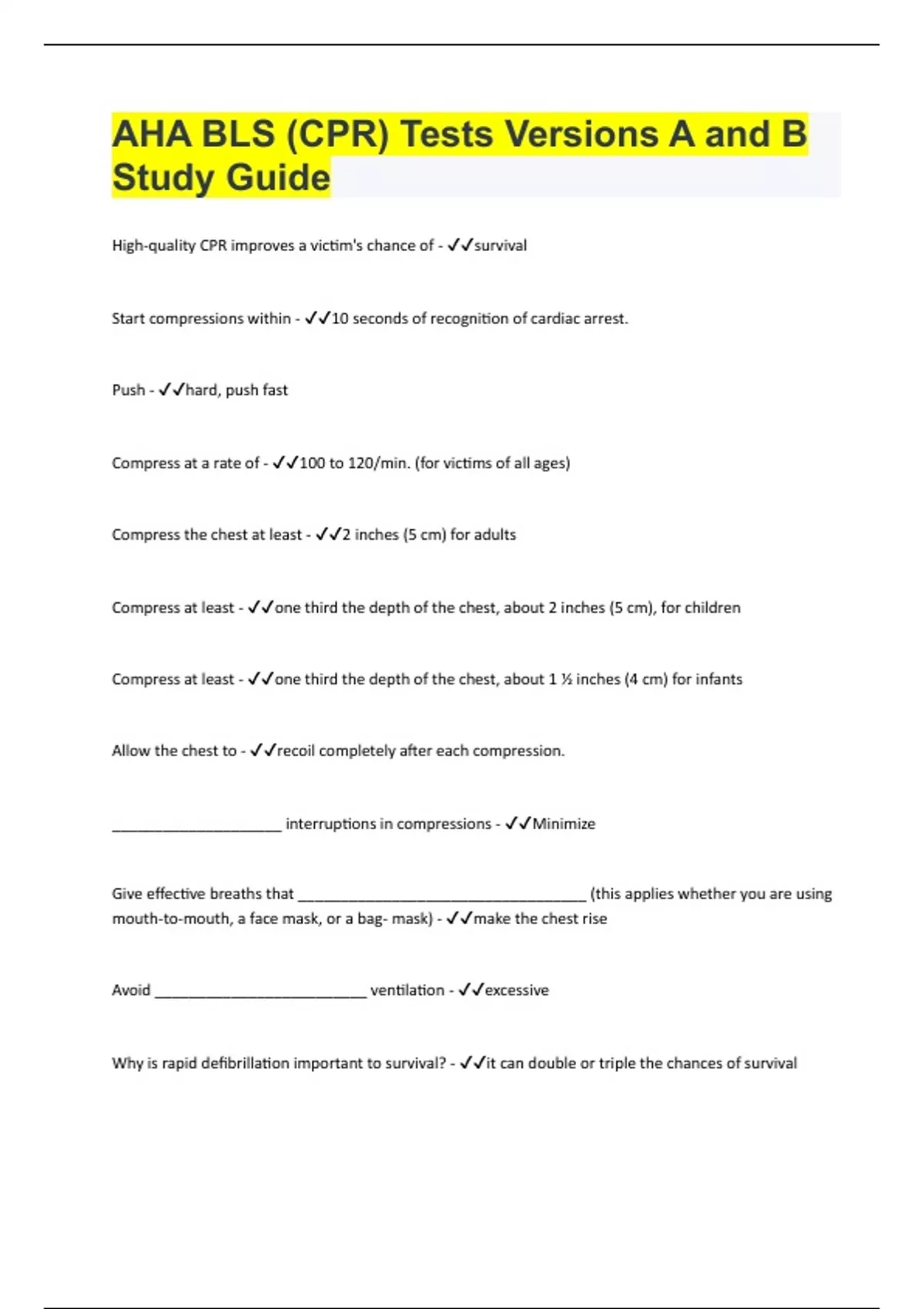 AHA BLS (CPR) Tests Versions A and B Study Guide Questions With 100