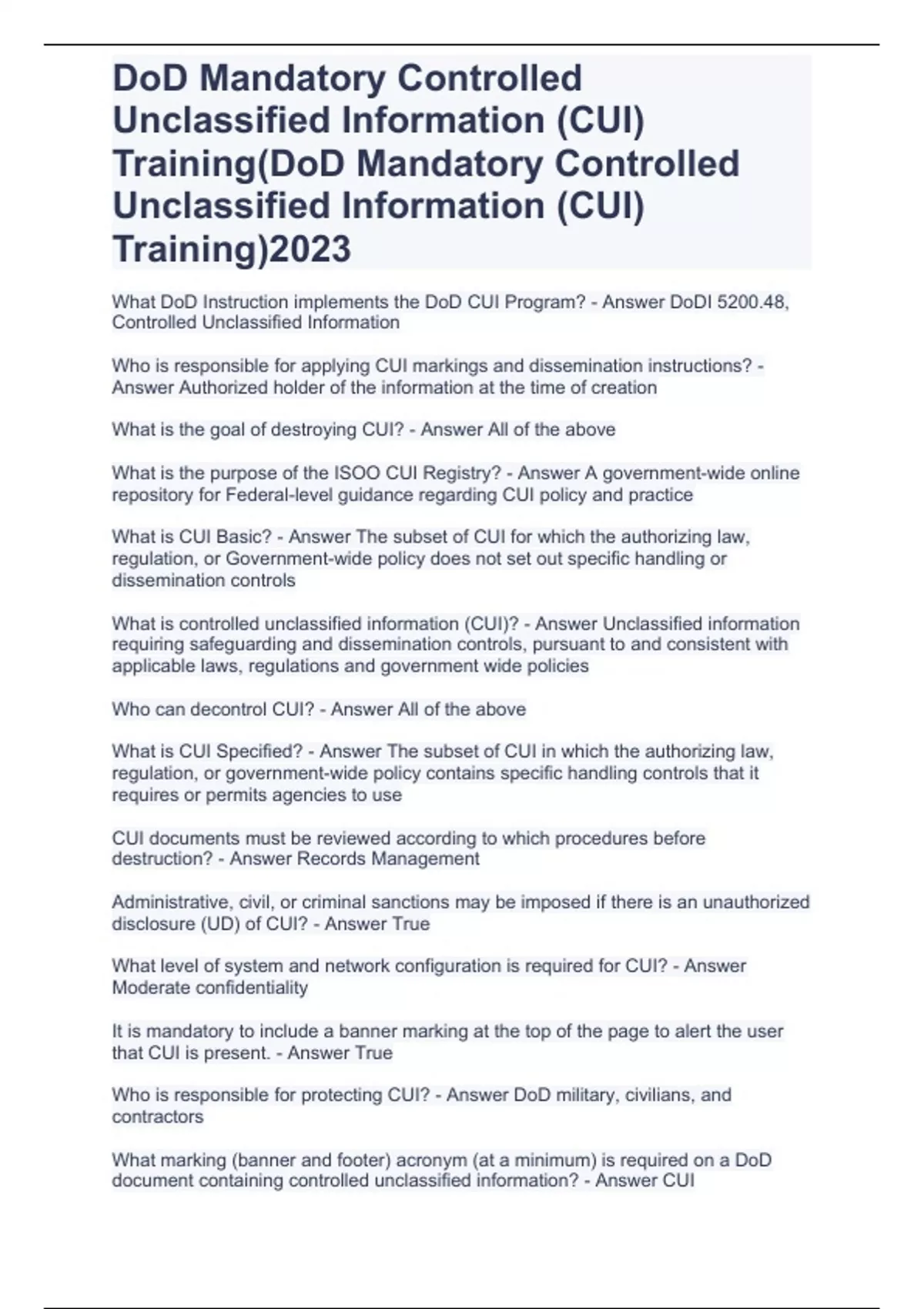 DoD Mandatory Controlled Unclassified Information (CUI) Training(DoD ...