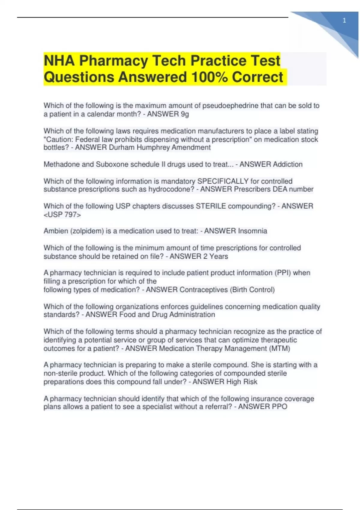 NHA Pharmacy Tech Practice Test Questions Answered 100 Correct latest
