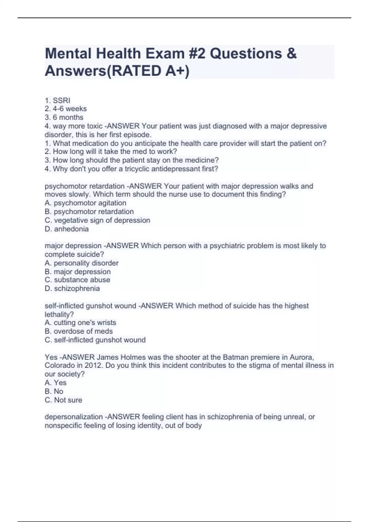 Mental Health Exam #2 Questions & Answers(RATED A+)Mental Health Exam ...