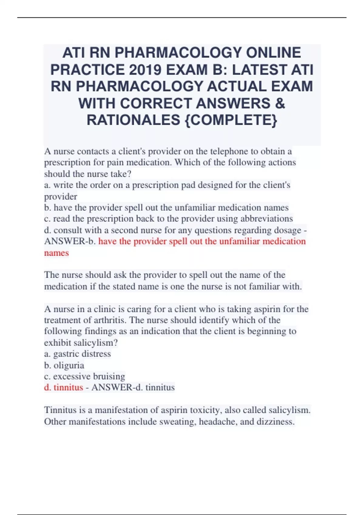 2019 ATI RN PHARMACOLOGY ONLINE PRACTICE 2019 EXAM B LATEST ATI RN