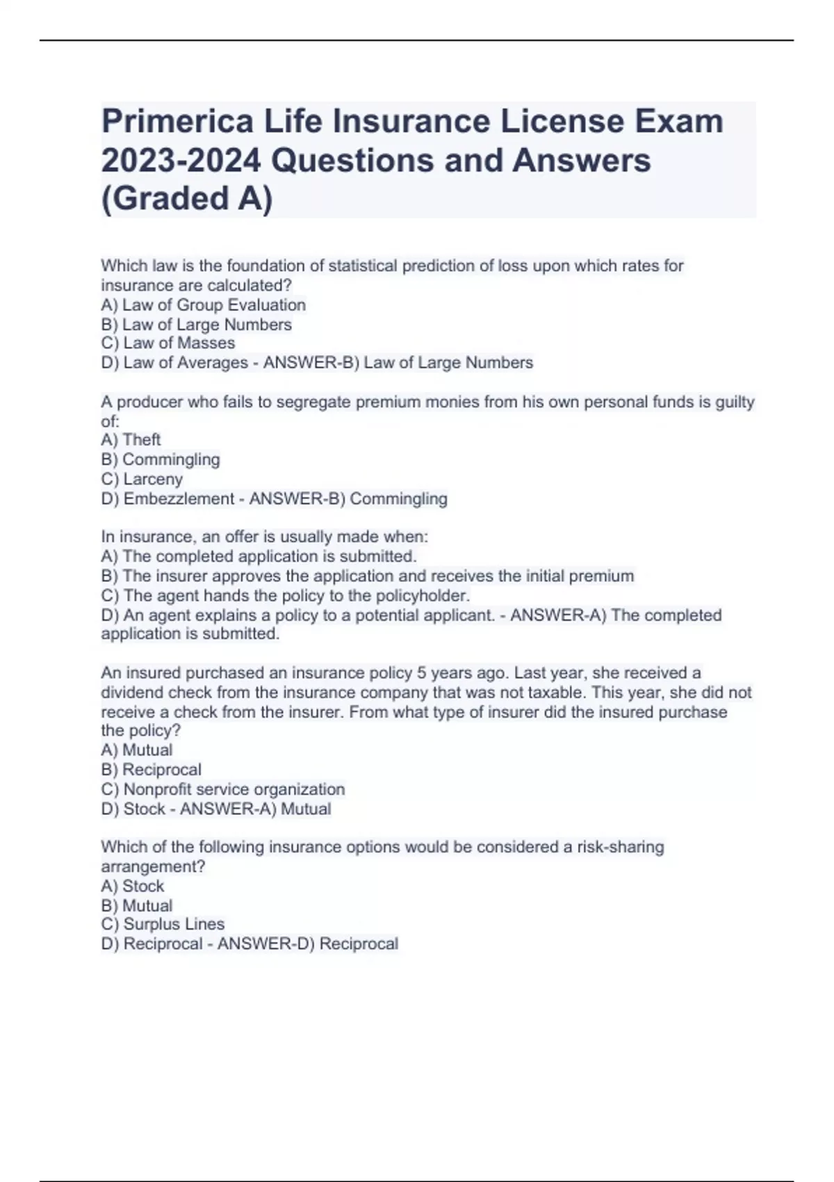 Primerica Life Insurance License Exam 20232024 Questions and Answers