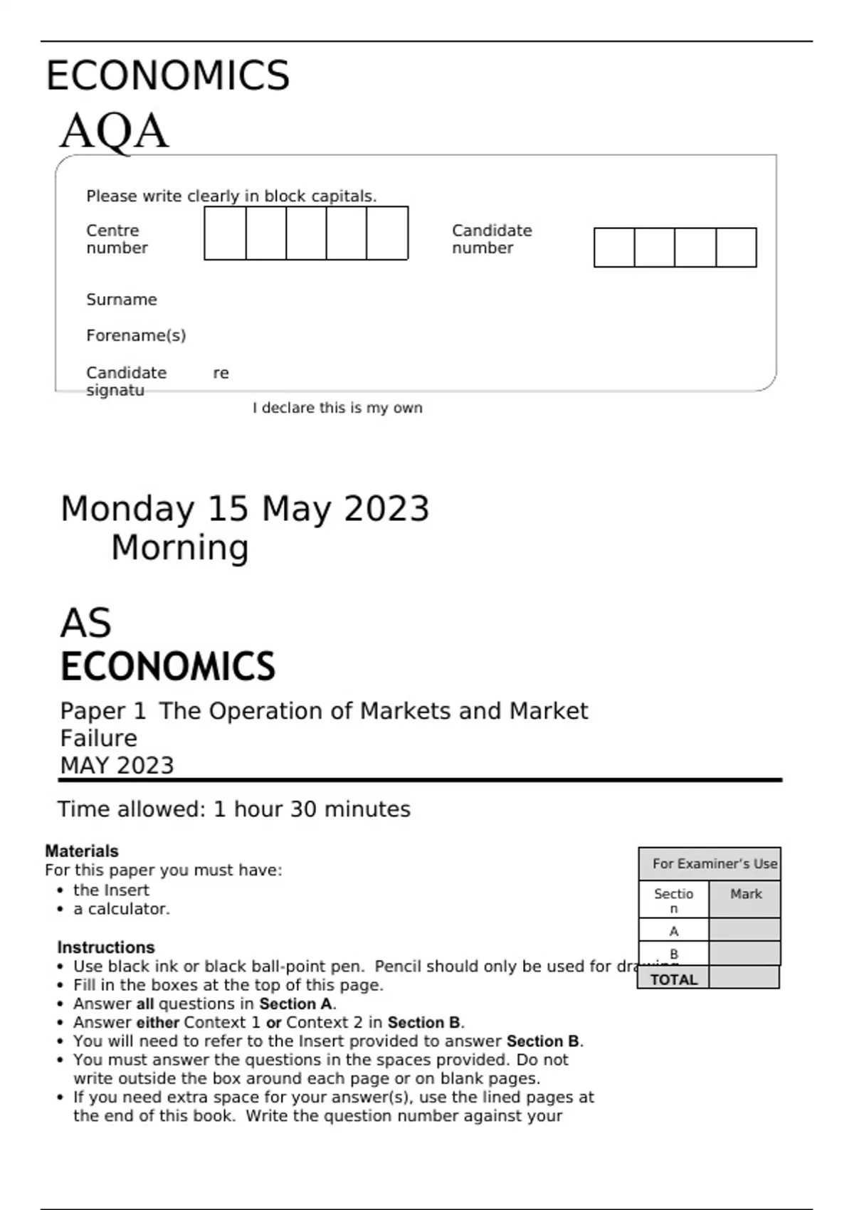 AQA AS LEVEL ECONOMICS Paper 1 MAY 2023 FINAL QUESTION PAPER The ...