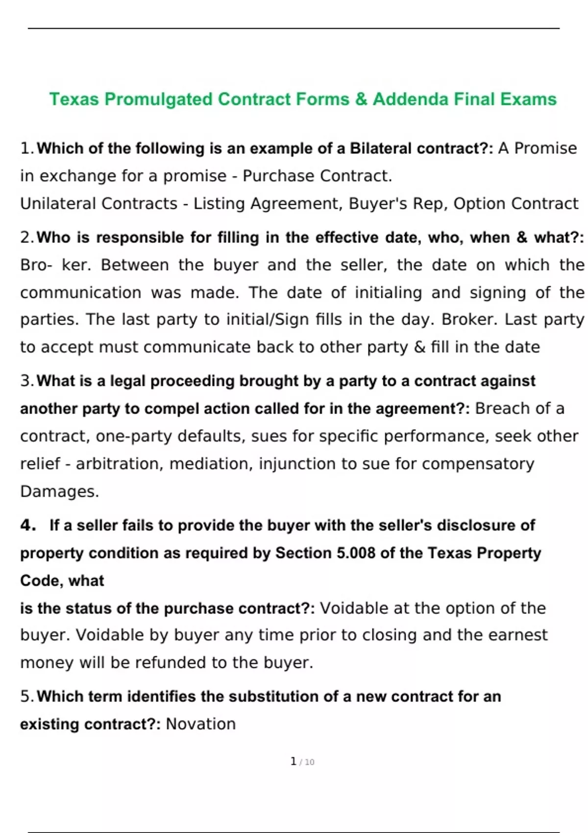 Texas Promulgated Contract Forms & Addenda Final Exam 2023 With ...