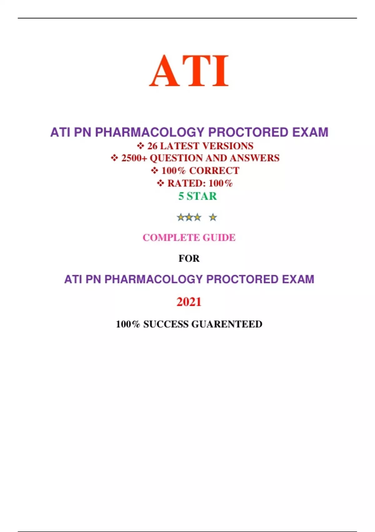 ATI PN PHARMACOLOGY PROCTORED EXAM ( 26 VERSIONS) 5 STAR QUESTION BANK ...