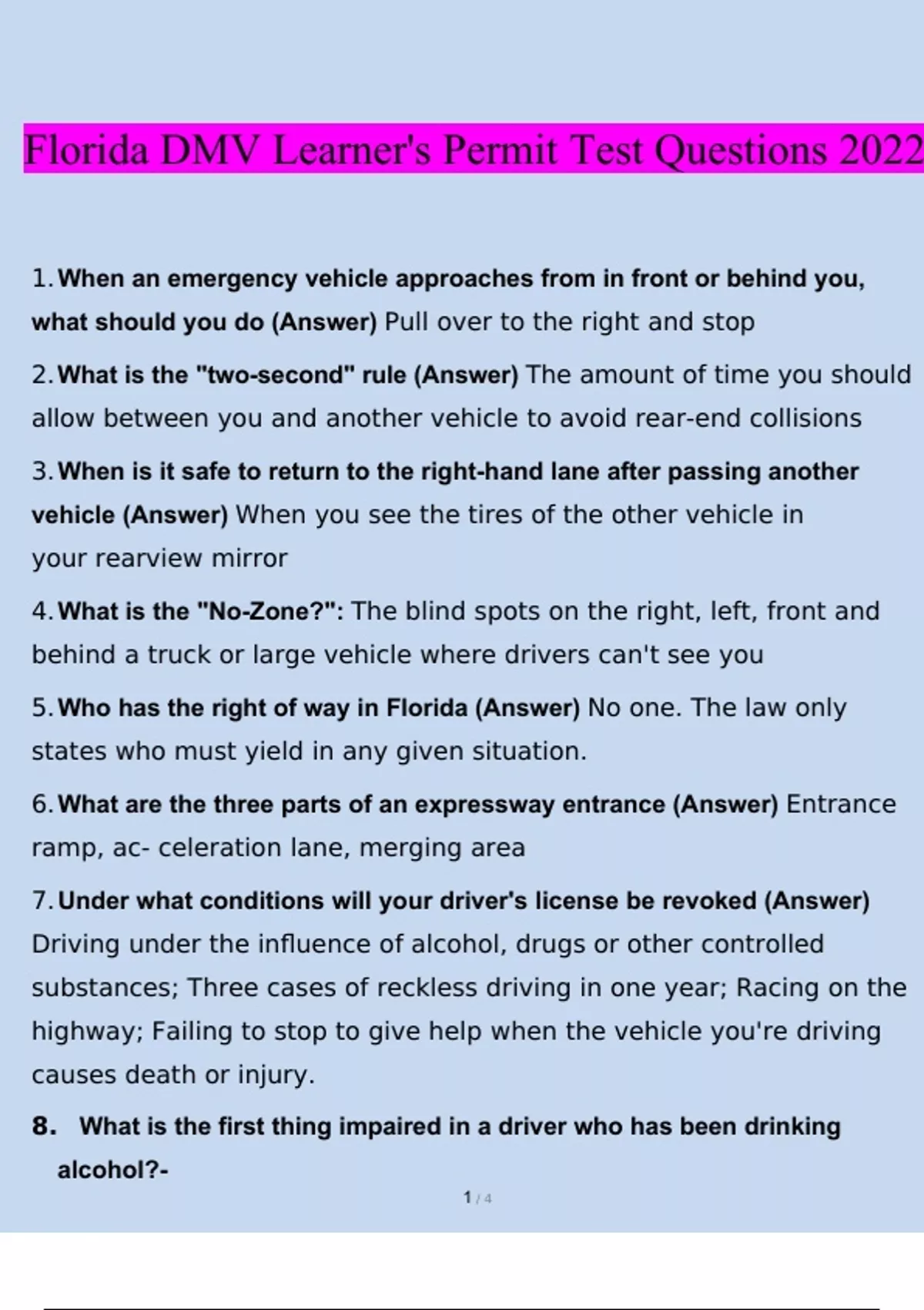 Florida DMV Learner's Permit Test. Questions and Answers 2022/2023