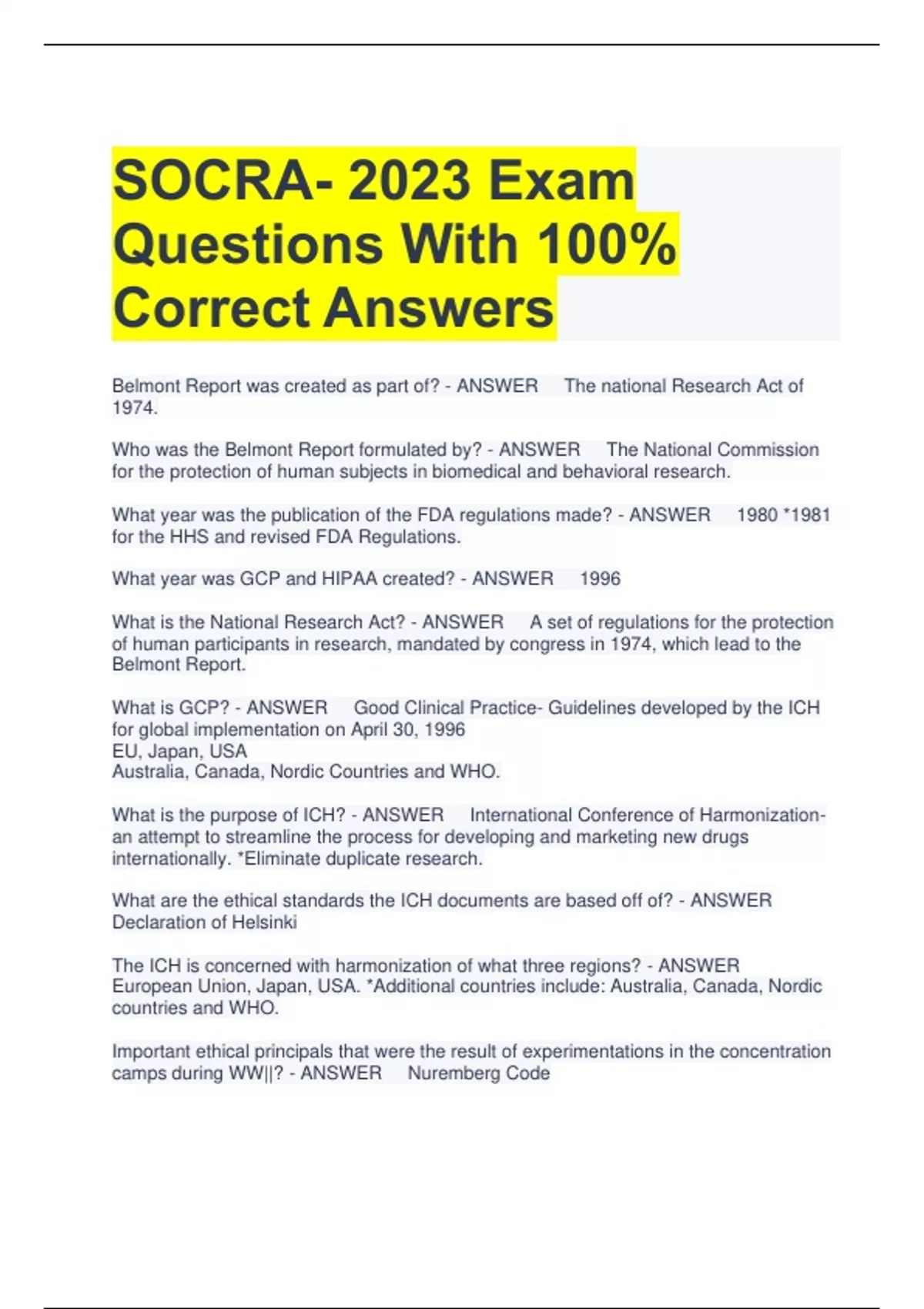 SOCRA 2023 Exam Questions With 100 Correct Answers SOCRA Stuvia US