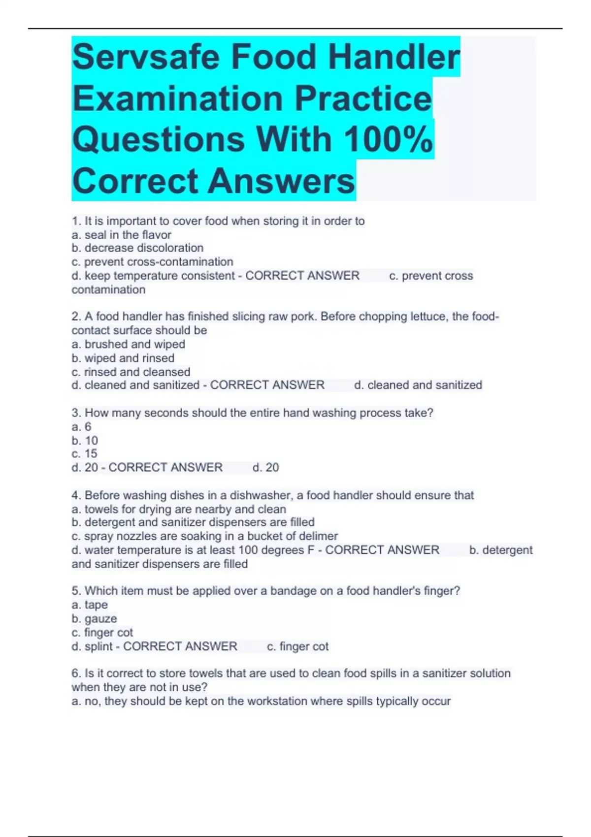 Servsafe Food Handler Examination Practice Questions With 100% Correct ...