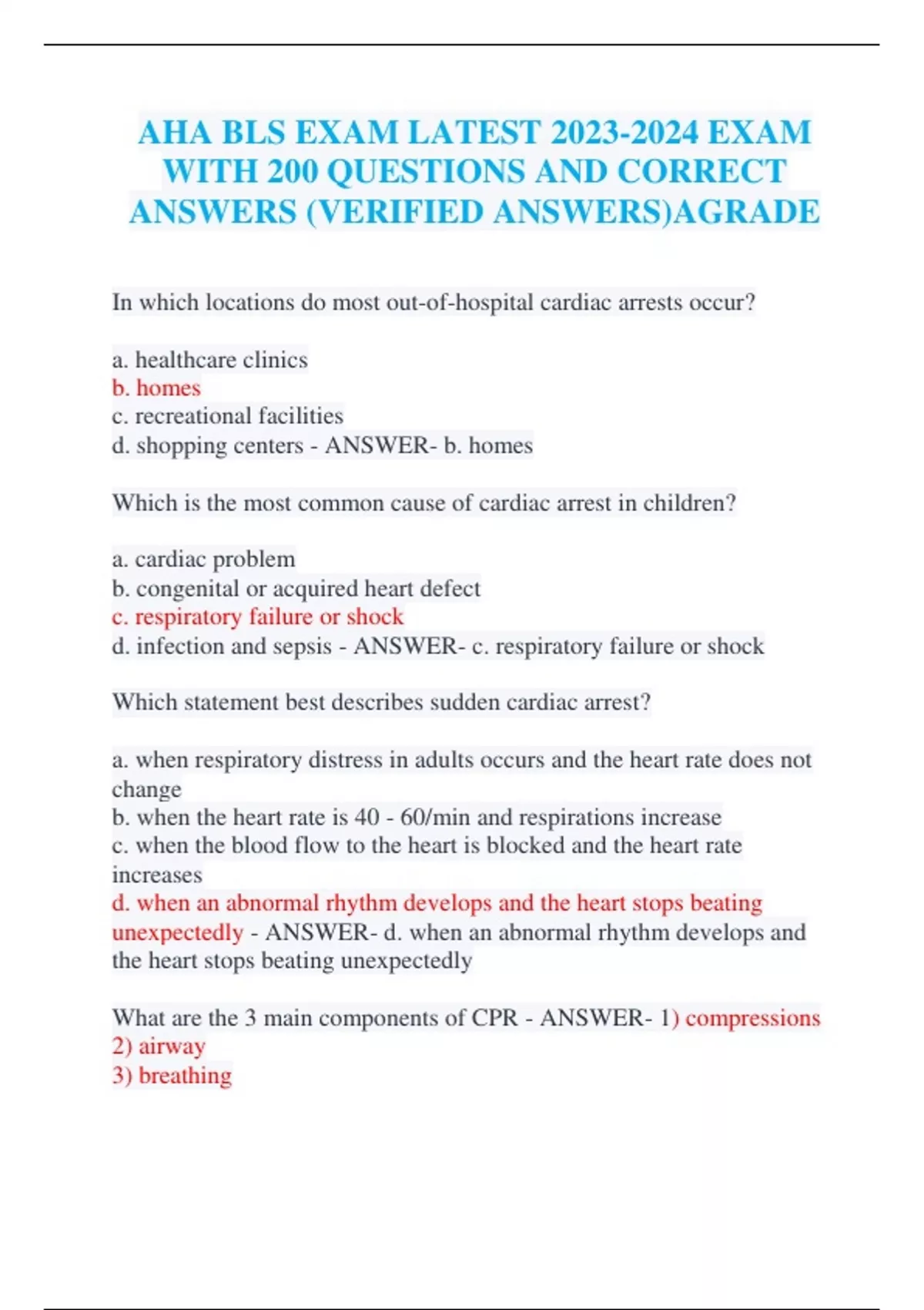 AHA BLS EXAM LATEST 20232024 EXAM WITH 200 QUESTIONS AND CORRECT