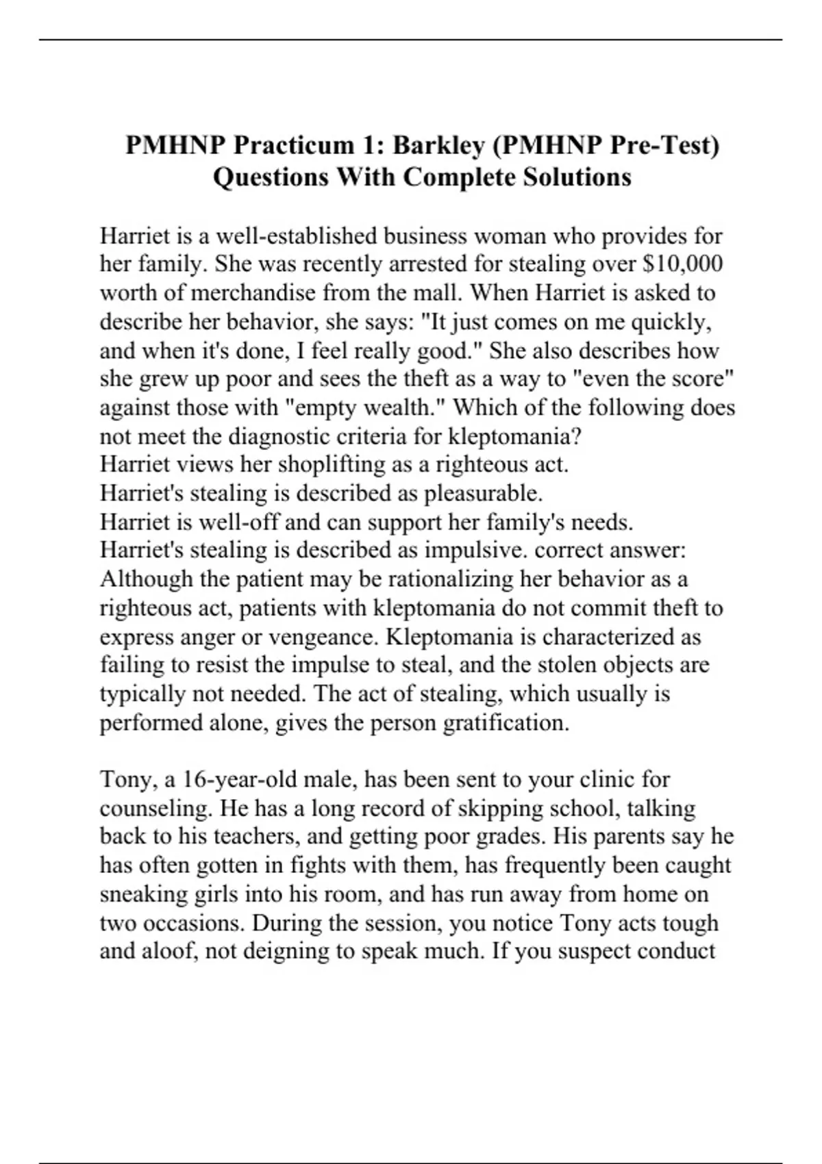 PMHNP Practicum 1 Barkley PMHNP Pre Test Questions With Complete 