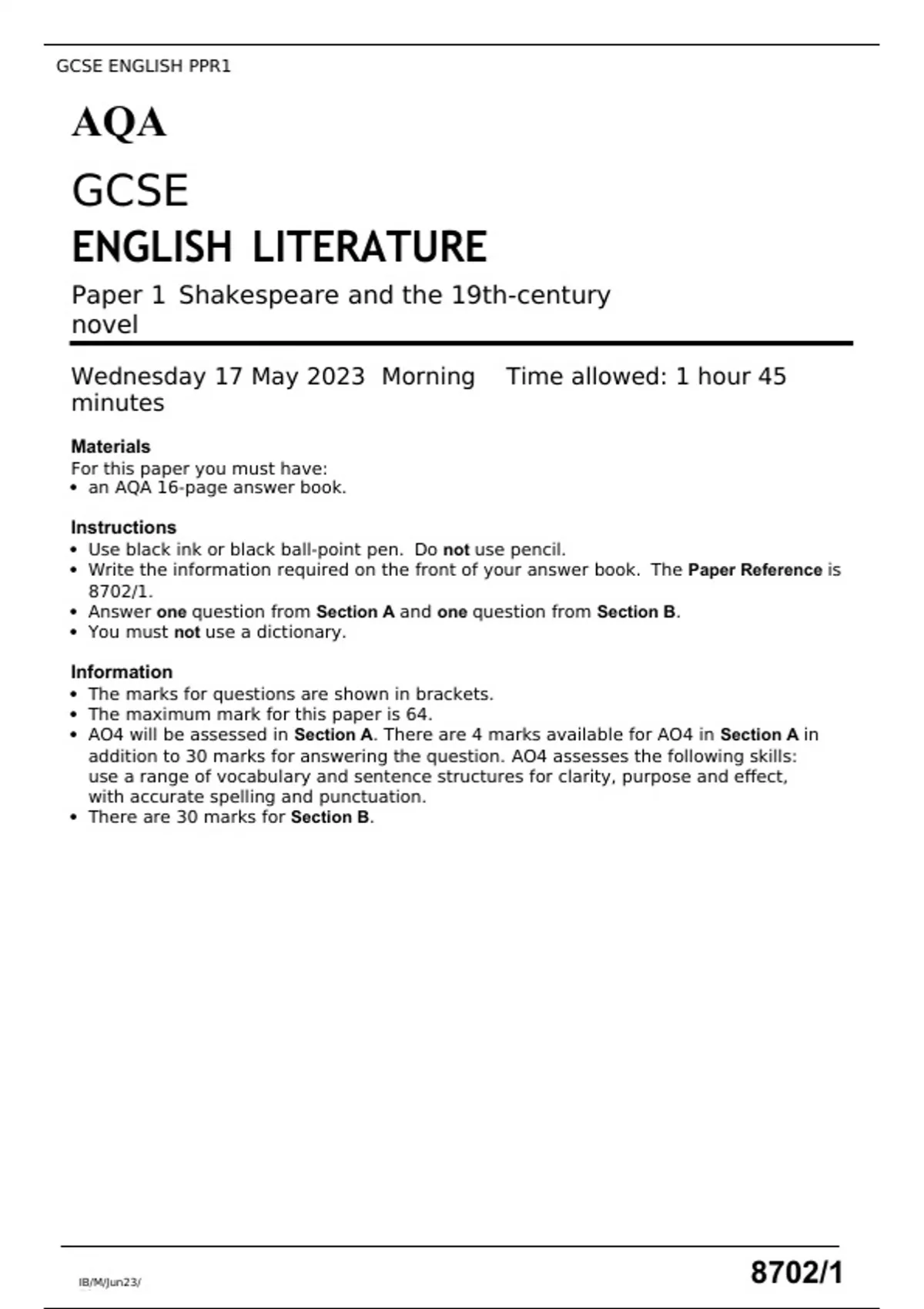 AQA GCSE ENGLISH LITERATURE Paper 1 Shakespeare and the 19th-century ...