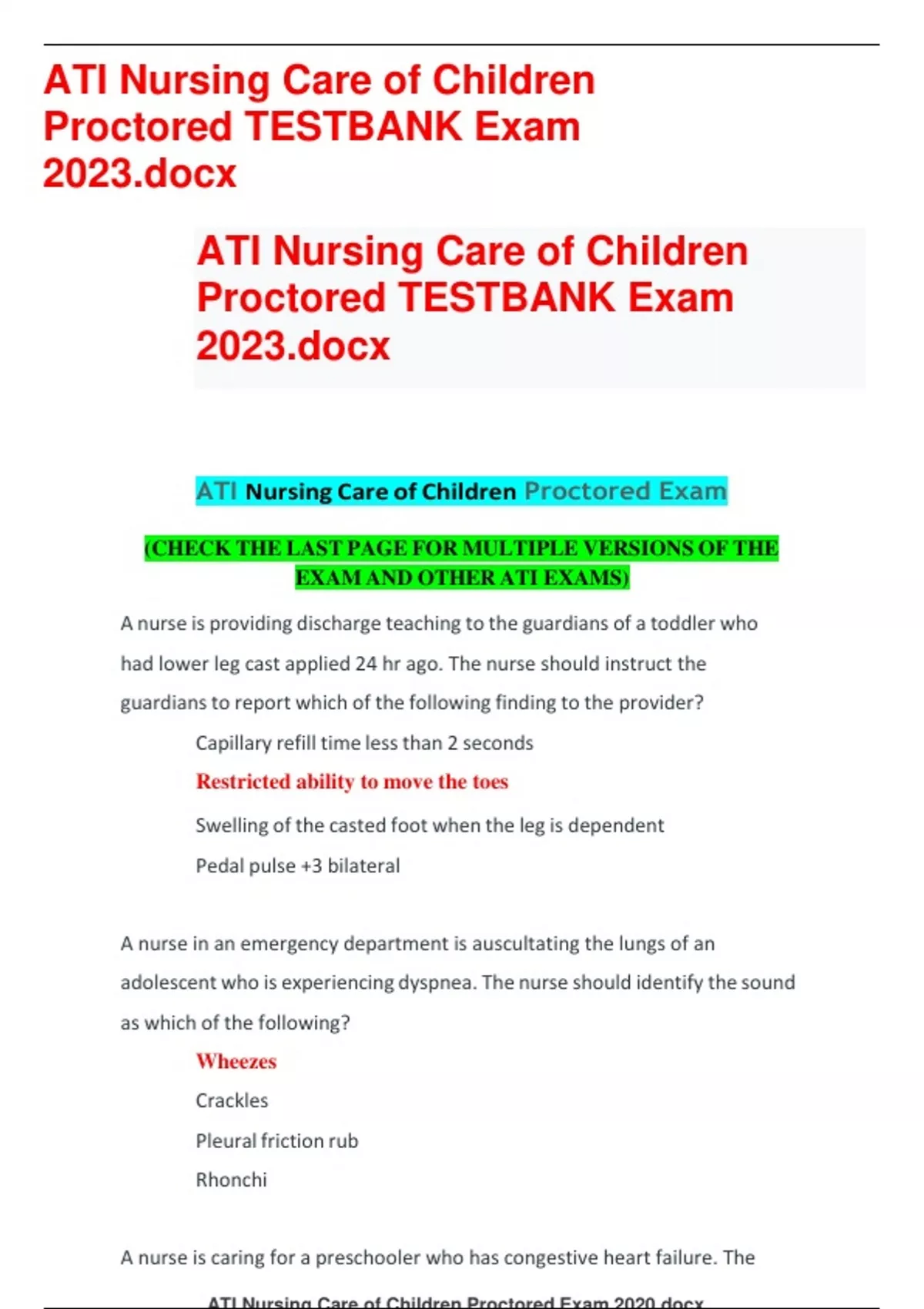 ATI Nursing Care Of Children Proctored TESTBANK Exam 2023ATI Nursing ...