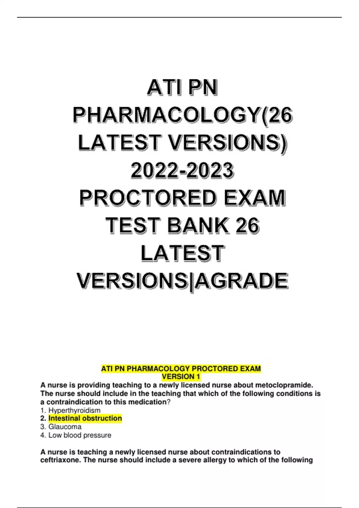 ATI PN PHARMACOLOGY (26 LATEST VERSIONS) 20232024 UPDATE PROCTORED