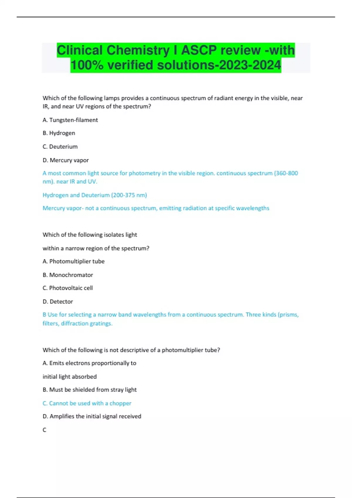 Clinical Chemistry I ASCP review with 100 verified solutions2023