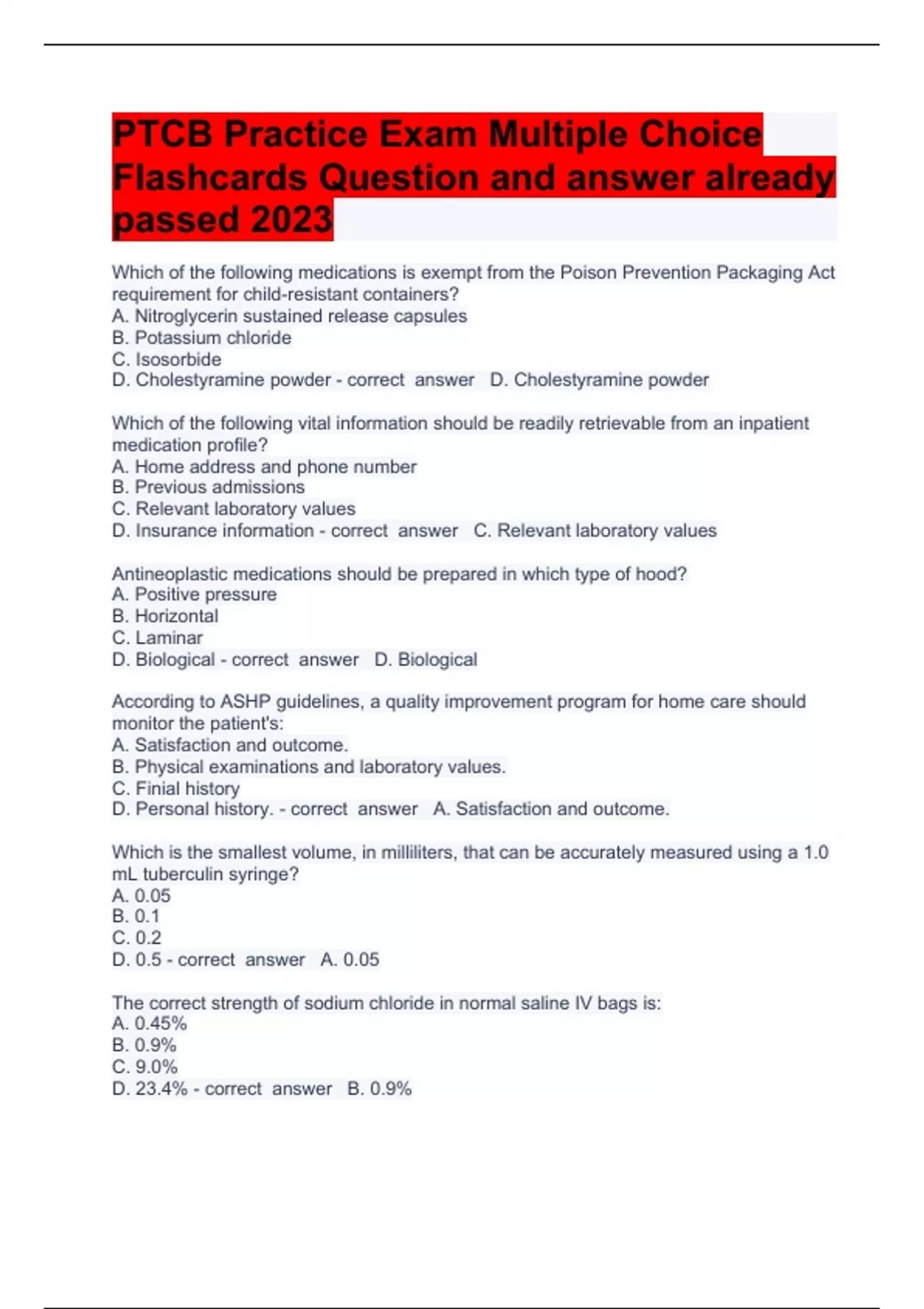 PTCB Practice Exam Multiple Choice Flashcards Question And Answer ...