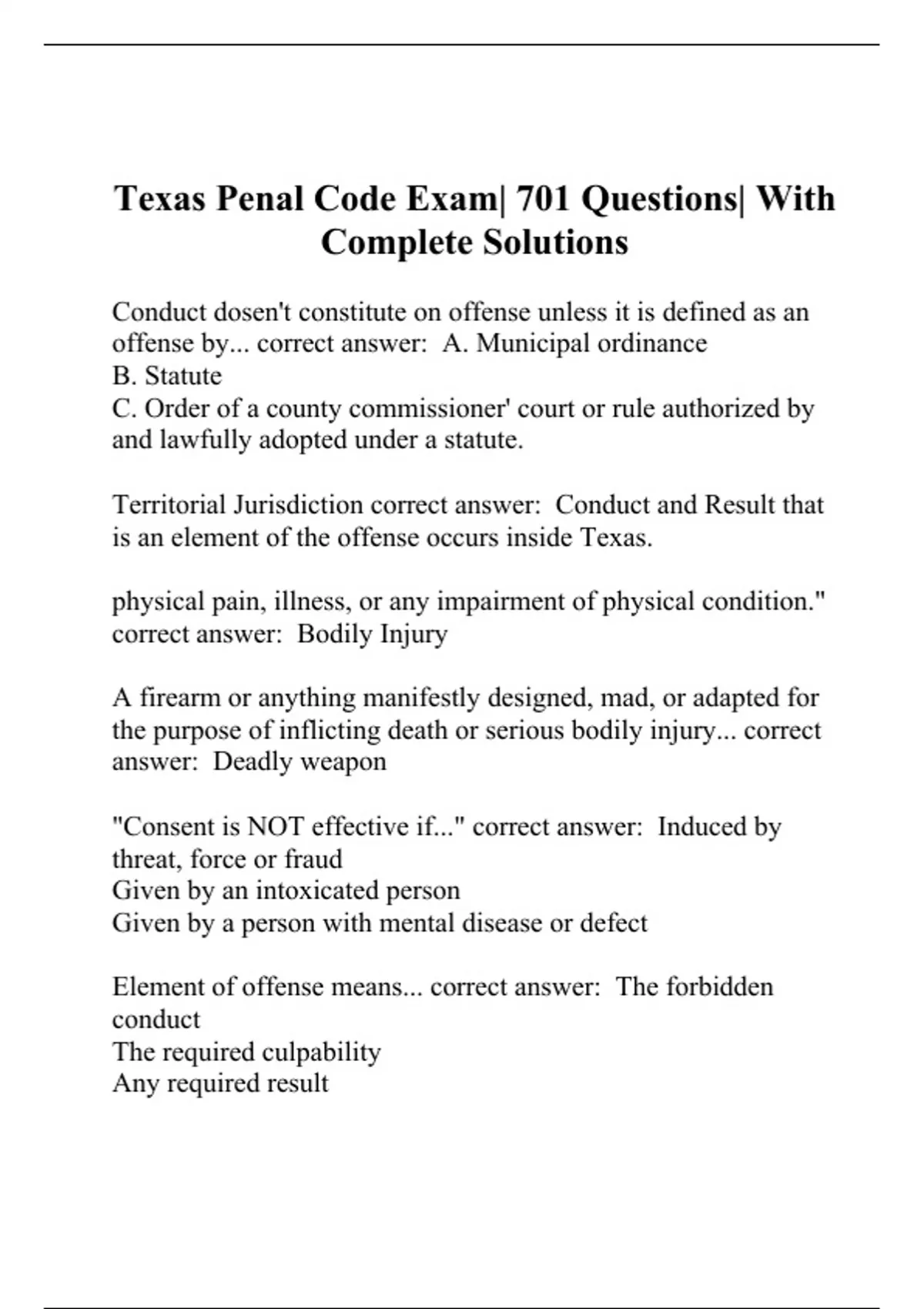 Texas Penal Code Exam 701 Questions With Complete Solutions Tx Penal Code Stuvia Us