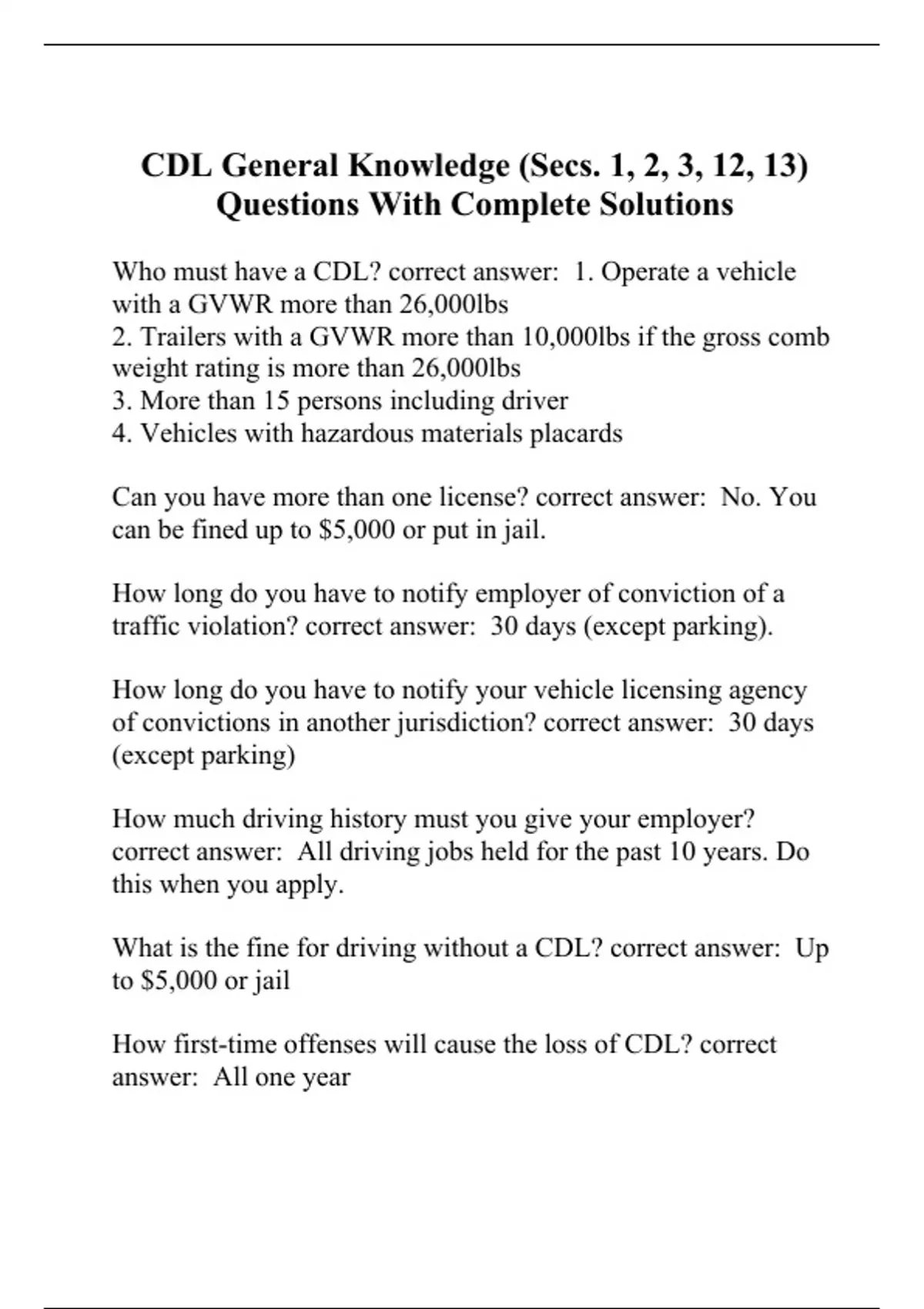 CDL Test Flashcards Questions and Answers Already Passed