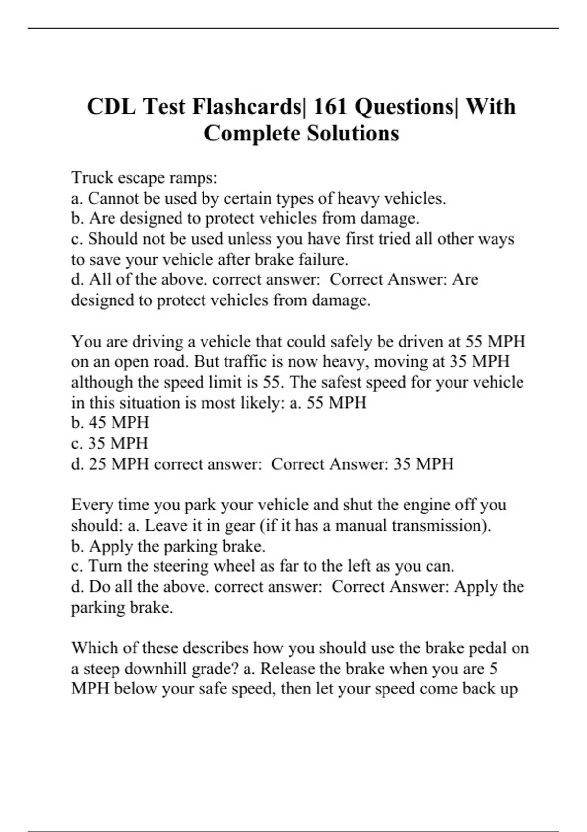 CDL Test Flashcards 161 Questions With Complete Solutions Cdl