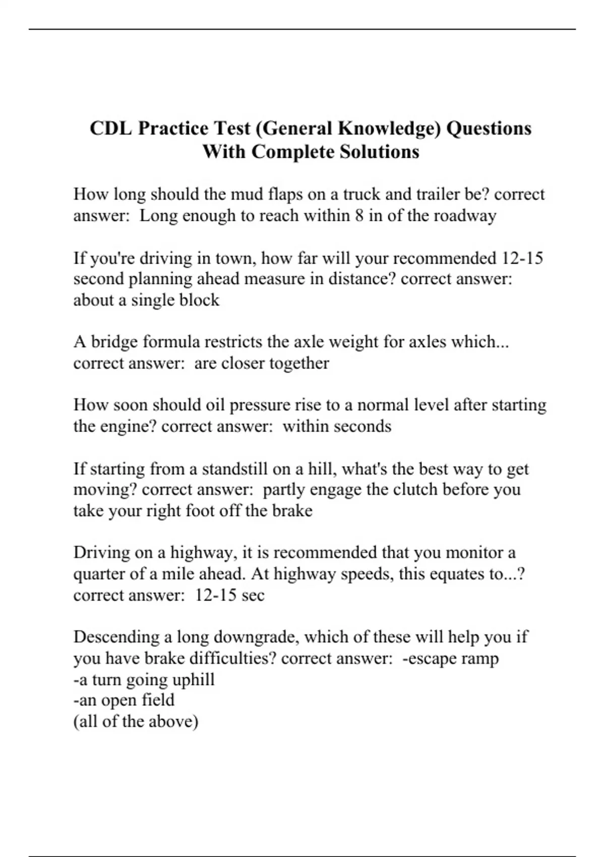 CDL Practice Test (General Knowledge) Questions With Complete Solutions