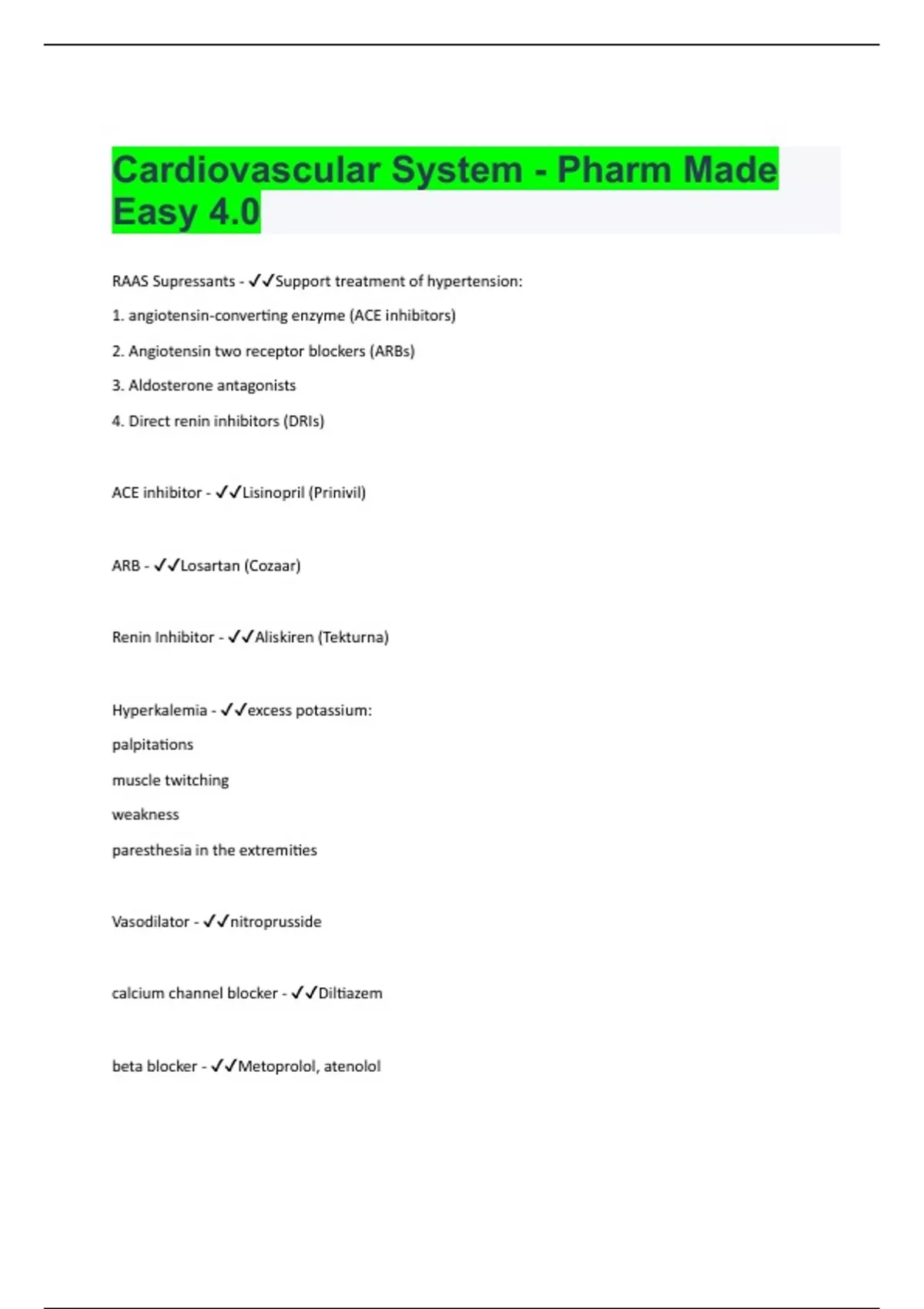 ATI Pharmacology Made Easy 4.0 Cardiovascular System Exams compilation