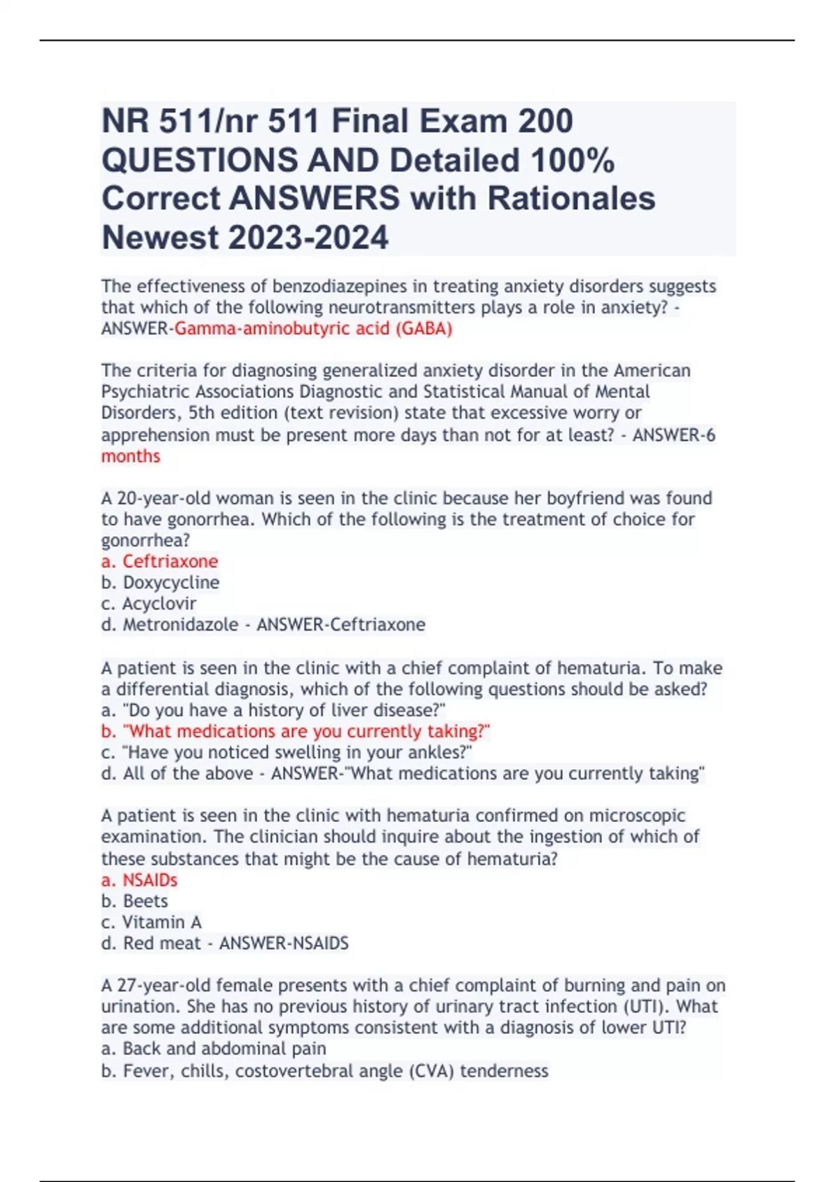 NR 511/nr 511 Final Exam 200 QUESTIONS AND Detailed 100% Correct ...