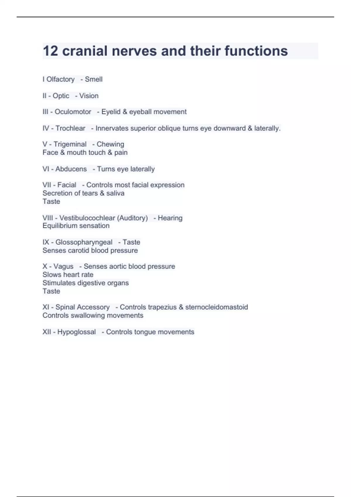 12 cranial nerves and their functions - 12 cranial nerves - Stuvia US